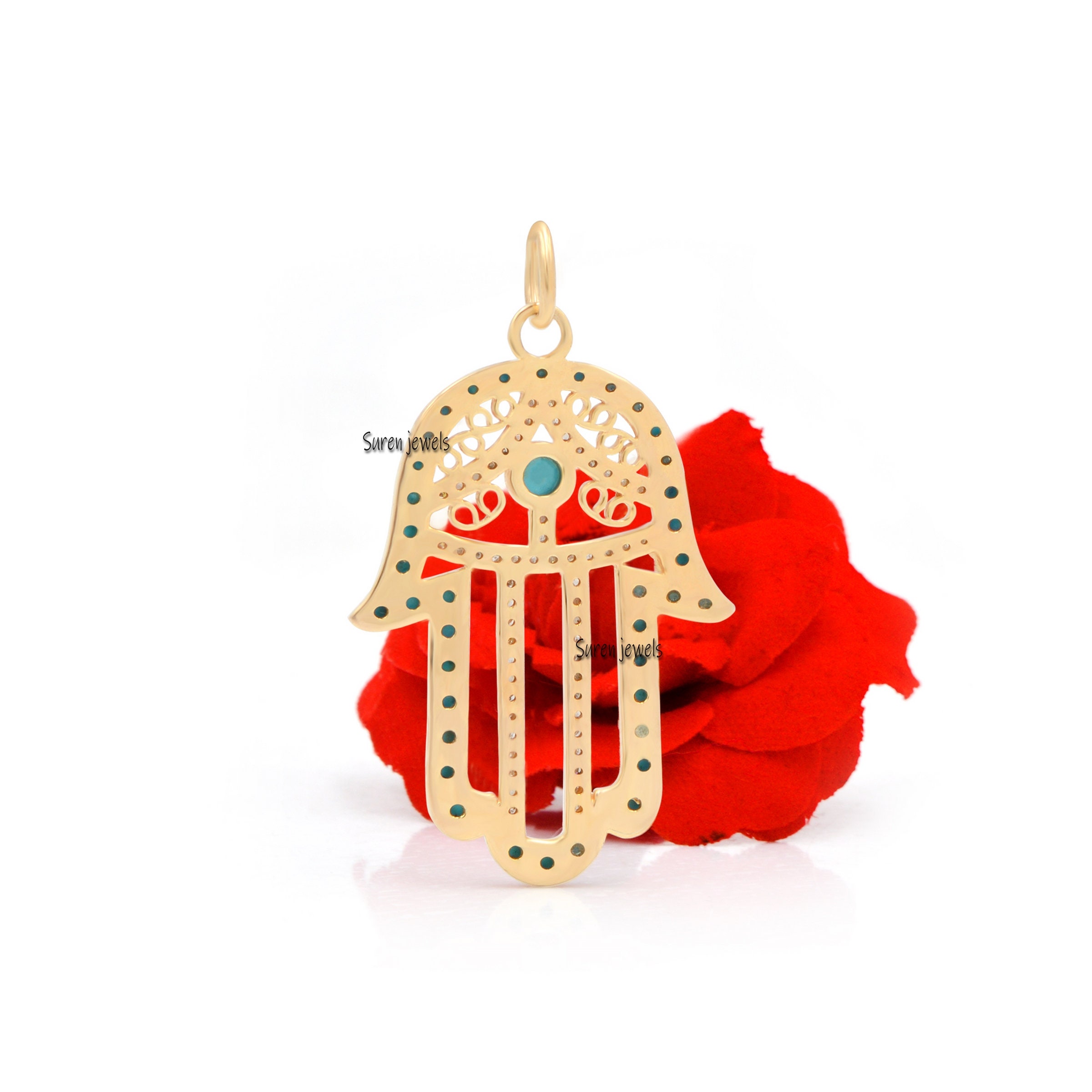 Diamond & Turquoise Hamsa Pendant: Lucky Hand Protection - View 2 - Suren Jewels | SKU: SJP559-SLYGDITQ