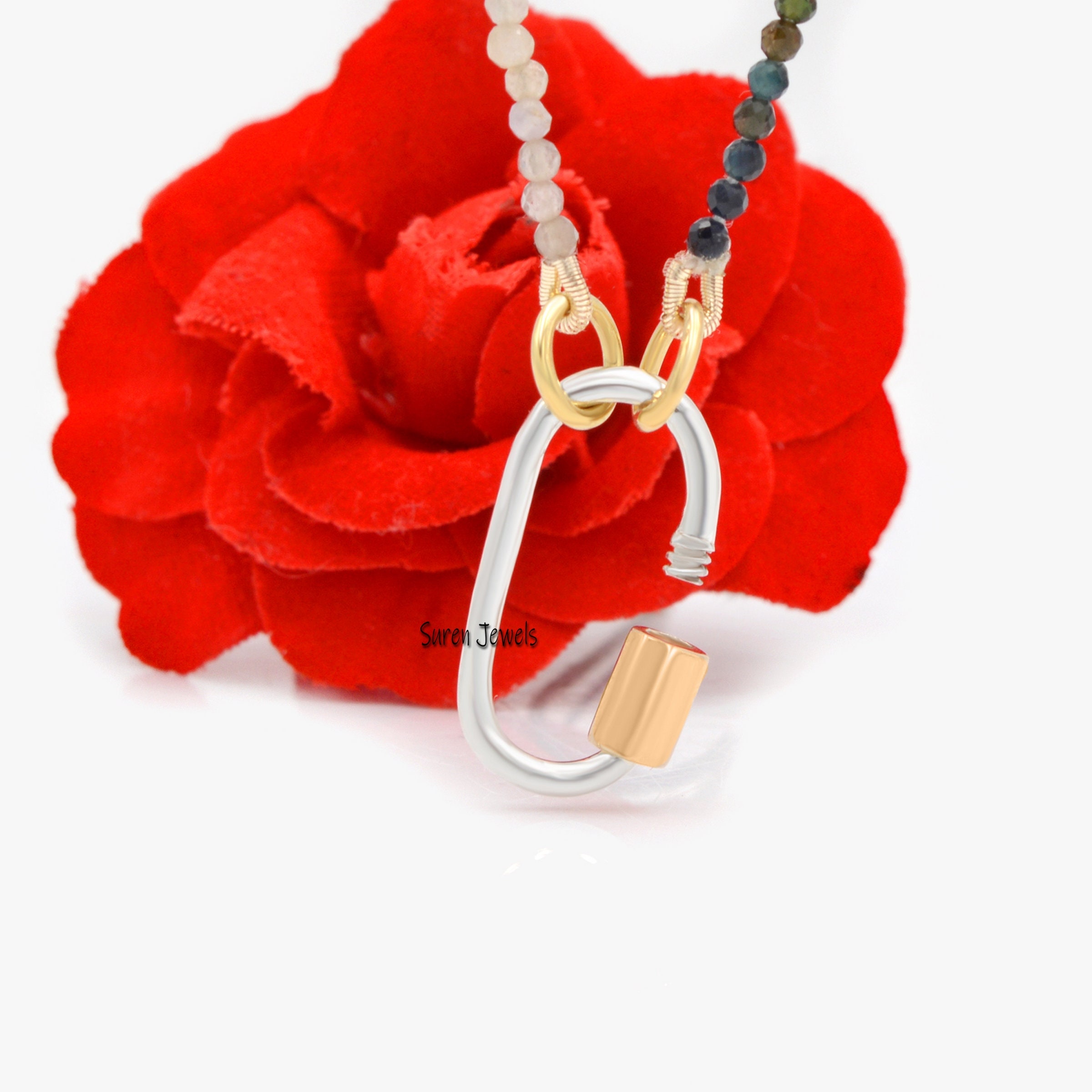 925 Silver Carabiner Lock: Gold Screw, Oval Jewelry Supplier - View 2 - Suren Jewels | SKU: SJC130-SLNSYG-20M-N219-18I