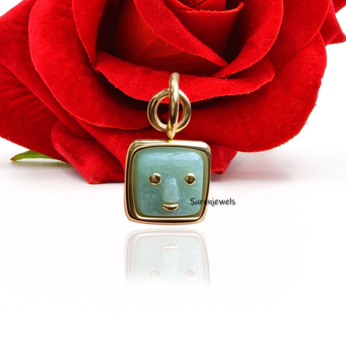 14k Gold Gemstone Face Carving Pendant: Designer Charm - View 3 - Suren Jewels | SKU: SJP1892-SLYGAZ-15M,SJP1821-SLYGAZ-15M