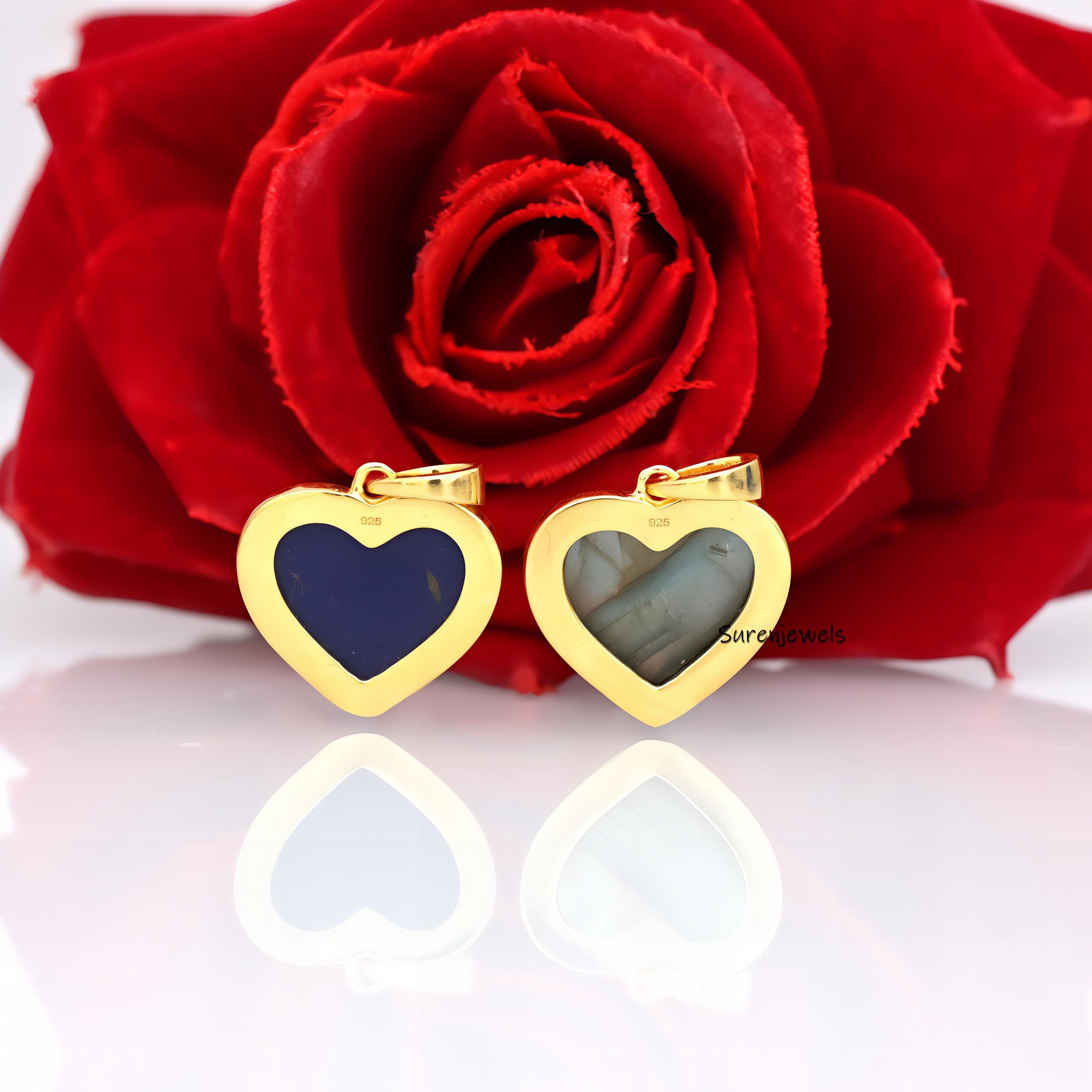 14K Gold Heart Pendant: Lapis & Moissanite Gemstone - View 3 - Suren Jewels | SKU: SJP4171-SLYGLBCZ-25M