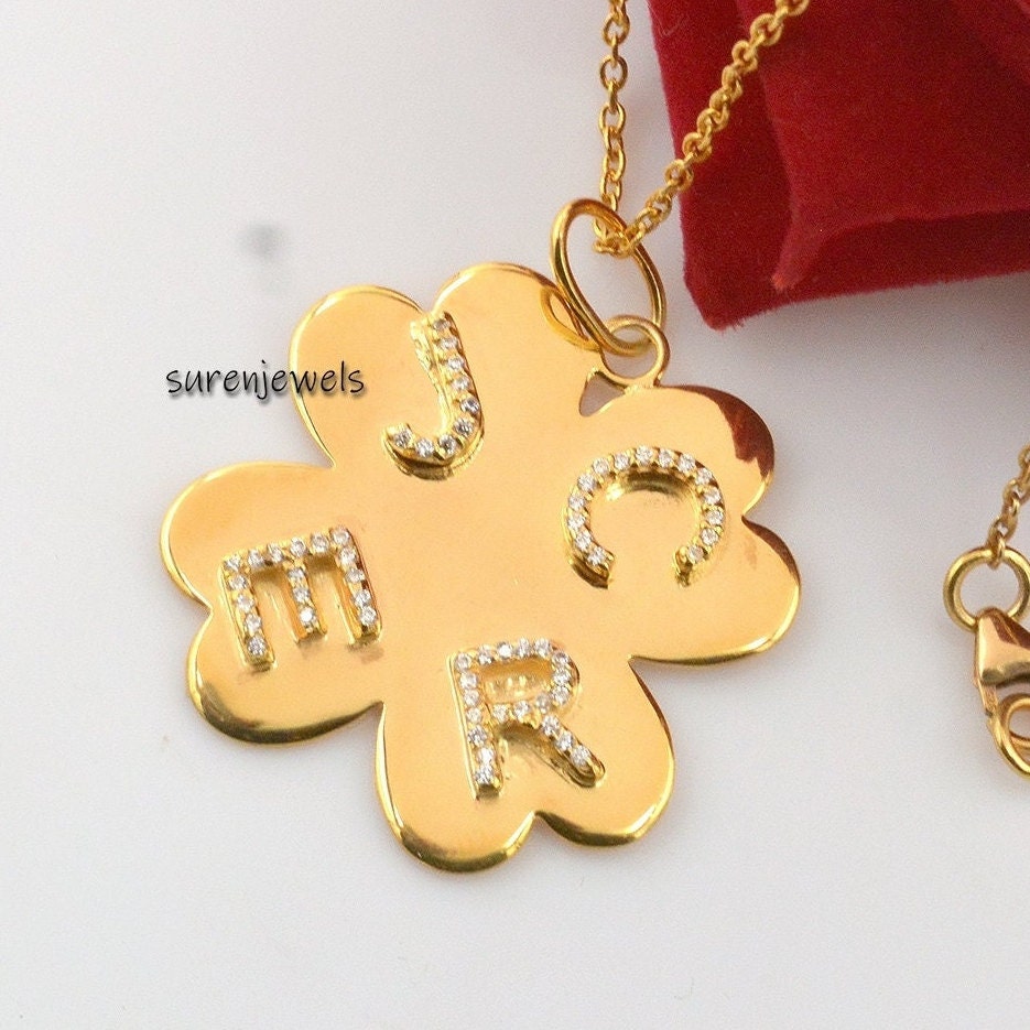 925 Silver Diamond Initial Clover Pendant 4 letter Flower - View 5 - Suren Jewels | SKU: SJP1000