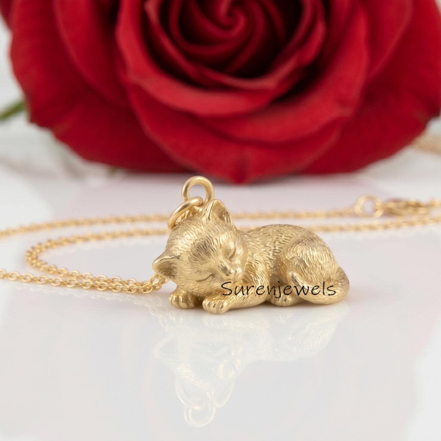 14K Gold Sleeping Cat Pendant, Solid Gold Kitten Pendant, 14k Gold Little Cat Pendant, Gold Textured Sitting Cat Pendant, Cut