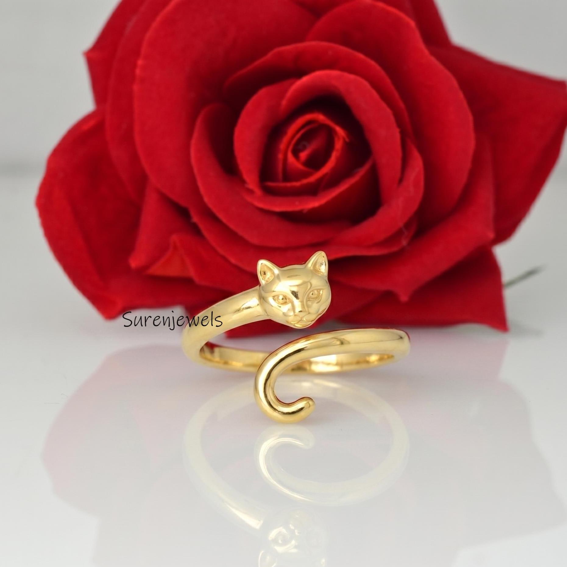 Gold Cat Ring, Adjustable Cat Wrap Ring, Cute Kitten Jewelry, Minimalist Cat Lover Gift, Stackable Animal Ring, Dainty Gold A