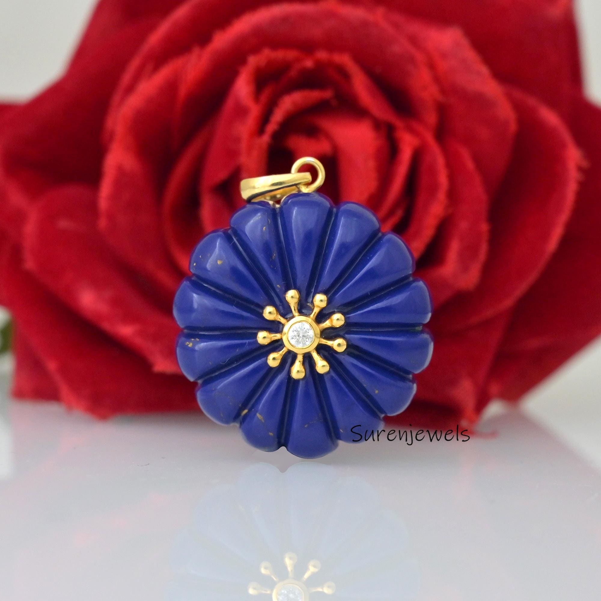 14K Gold Flower Pendant: Opal Blossom, Carved Turquoise Gemstone - Suren Jewels | SKU: SJP1651