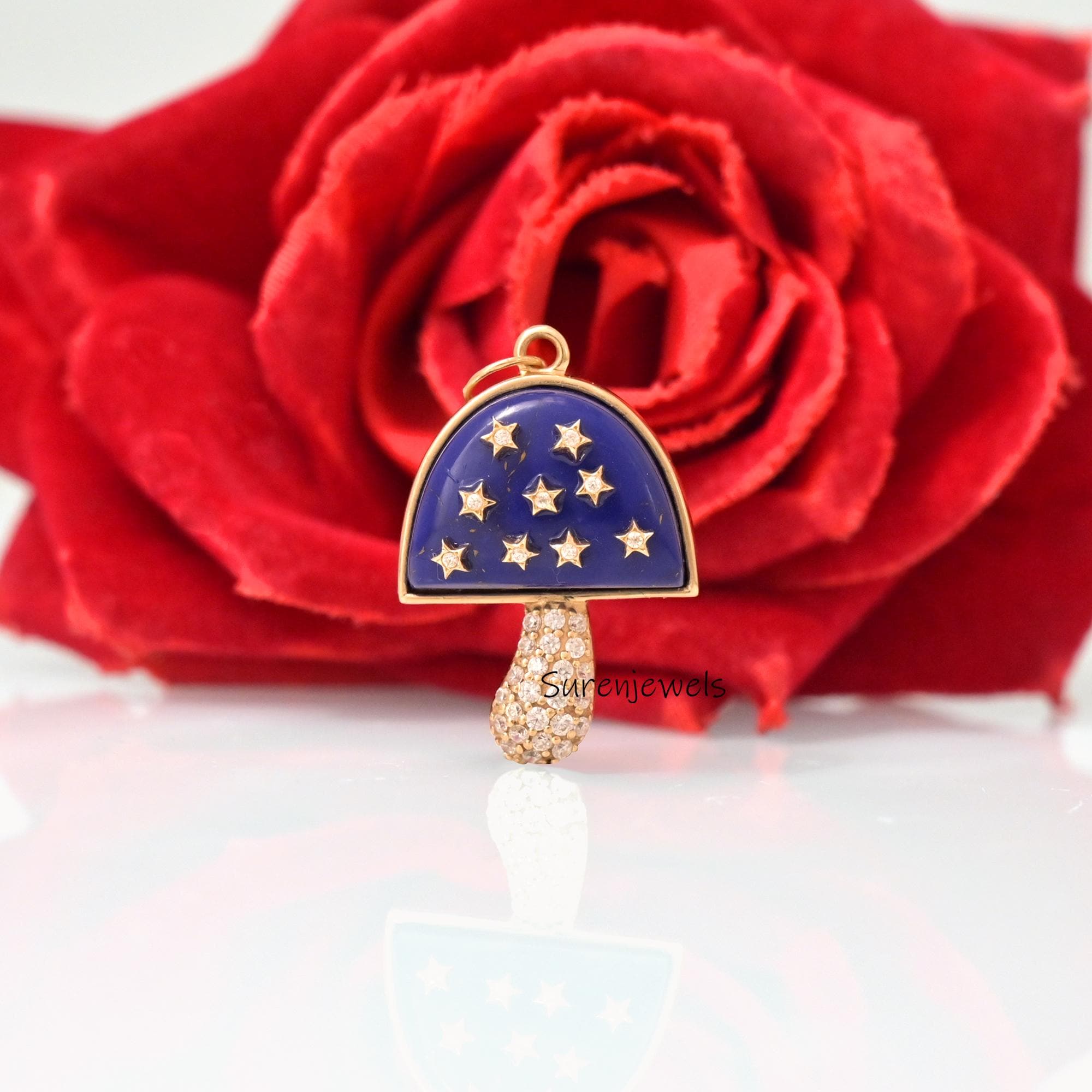 14k Solid Gold Mushroom Pendant: Pave Gemstone Magic Jewelry - Suren Jewels | SKU: MJM68-
