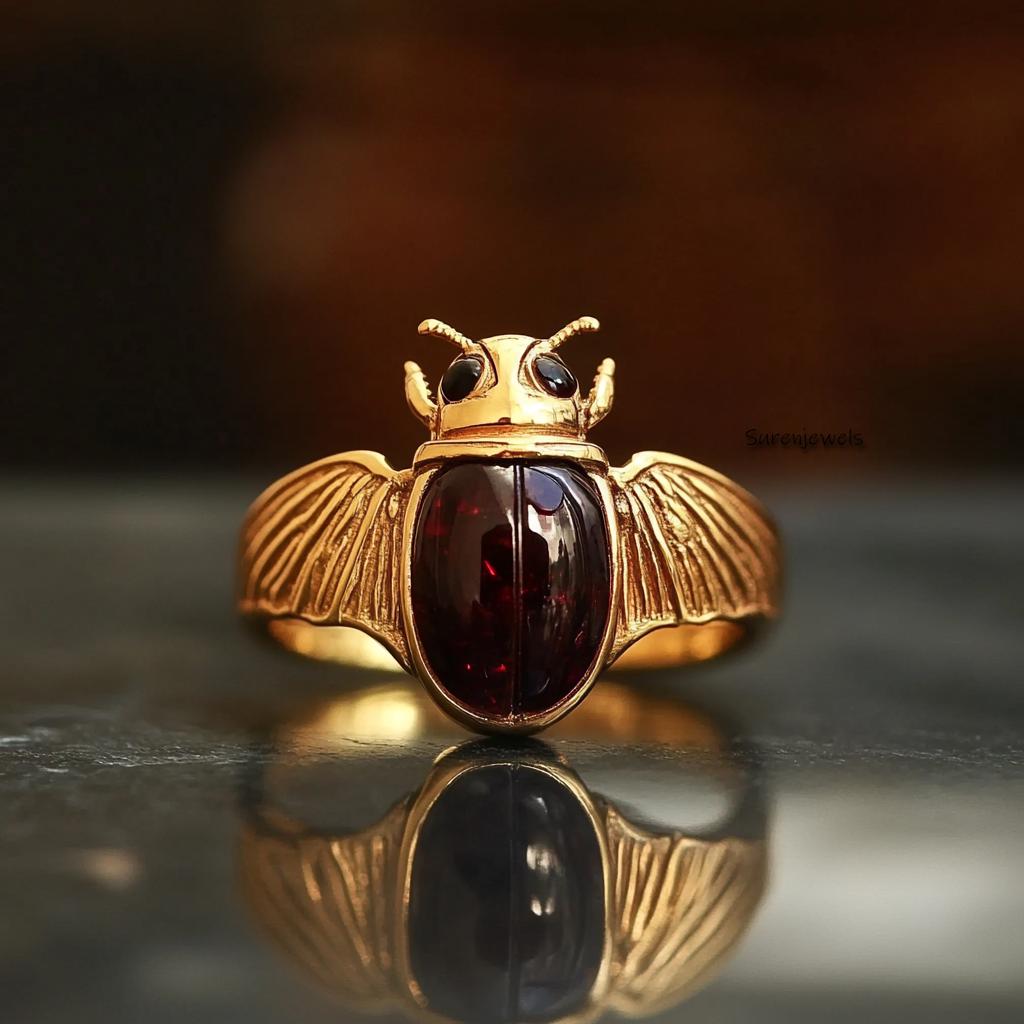 14k Gold Scarab Ring: Hand Carved Gemstone Amulet - View 2 - Suren Jewels | SKU: SJR2821-SLWGTQ-US-7,SJR