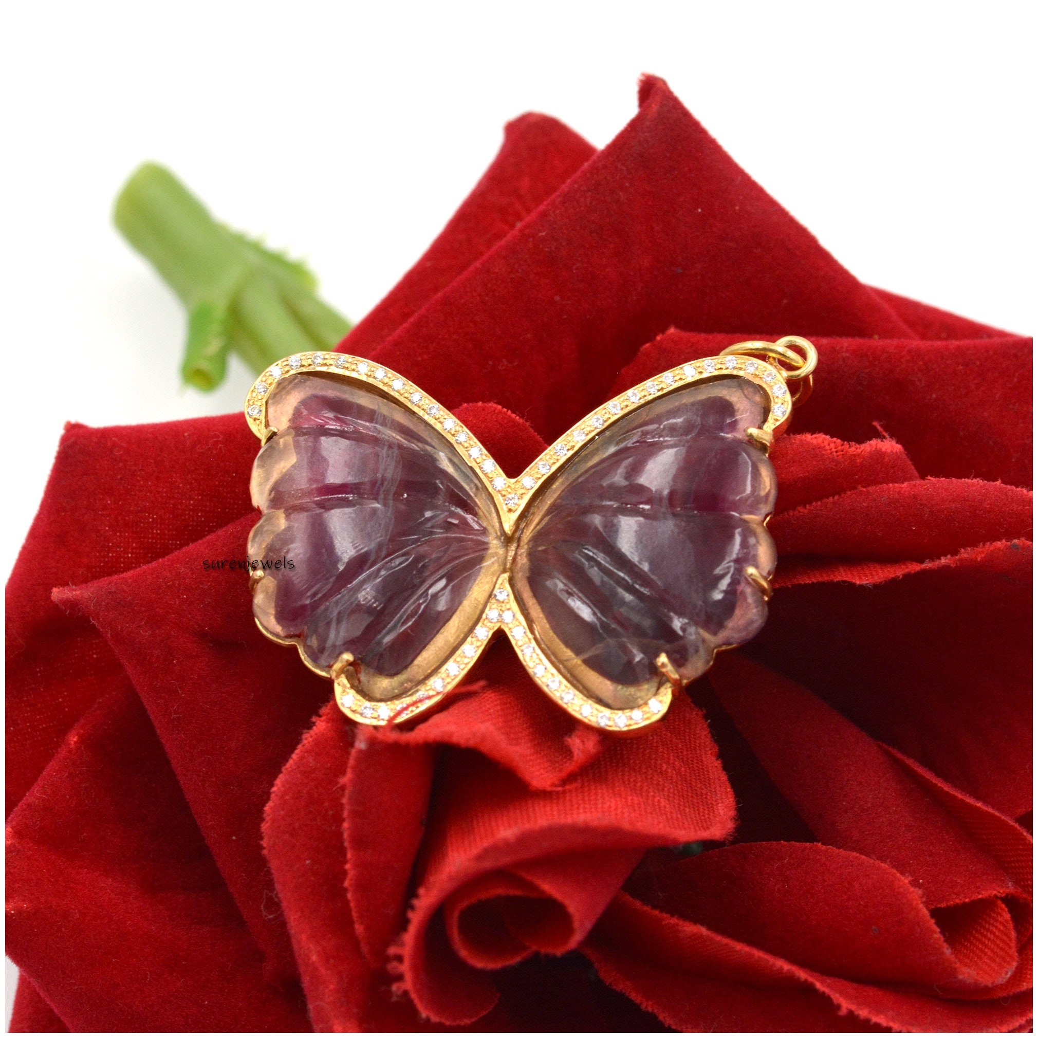 14k Gold Gemstone Butterfly Pendant: Pave Moissanite Accent - View 4 - Suren Jewels | SKU: SJP1456-SLYGTLMN