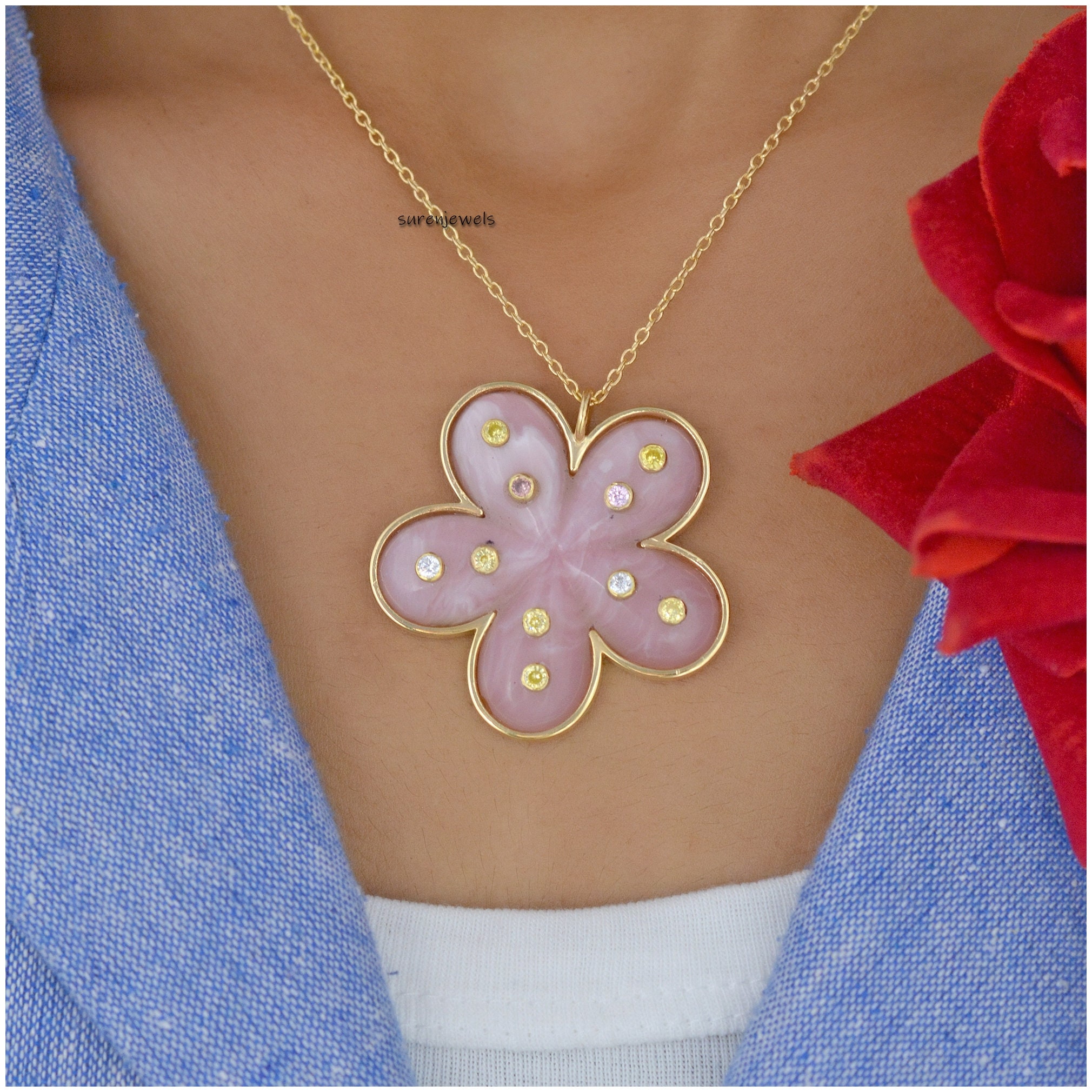 14K Gold Flower Pendant: Hand Carved Gemstone Summer Jewelry - View 6 - Suren Jewels | SKU: SJP1436-SLYGPOPMTCS-40M