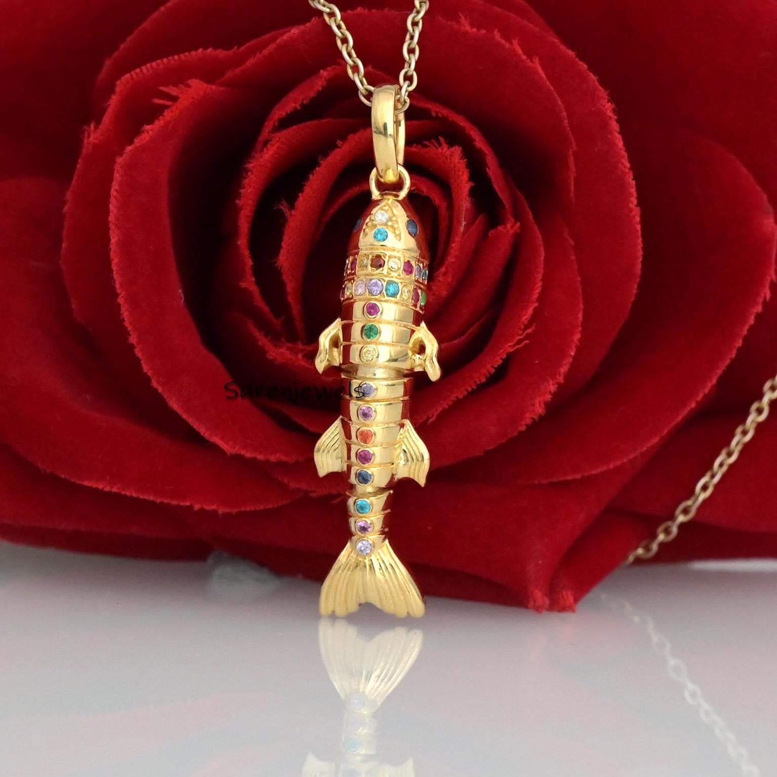 14k Gold Moveable Fish Pendant: Multi Stone Fish Pendant - View 4 - Suren Jewels | SKU: SJP6187-SLYGRUCZ-30M