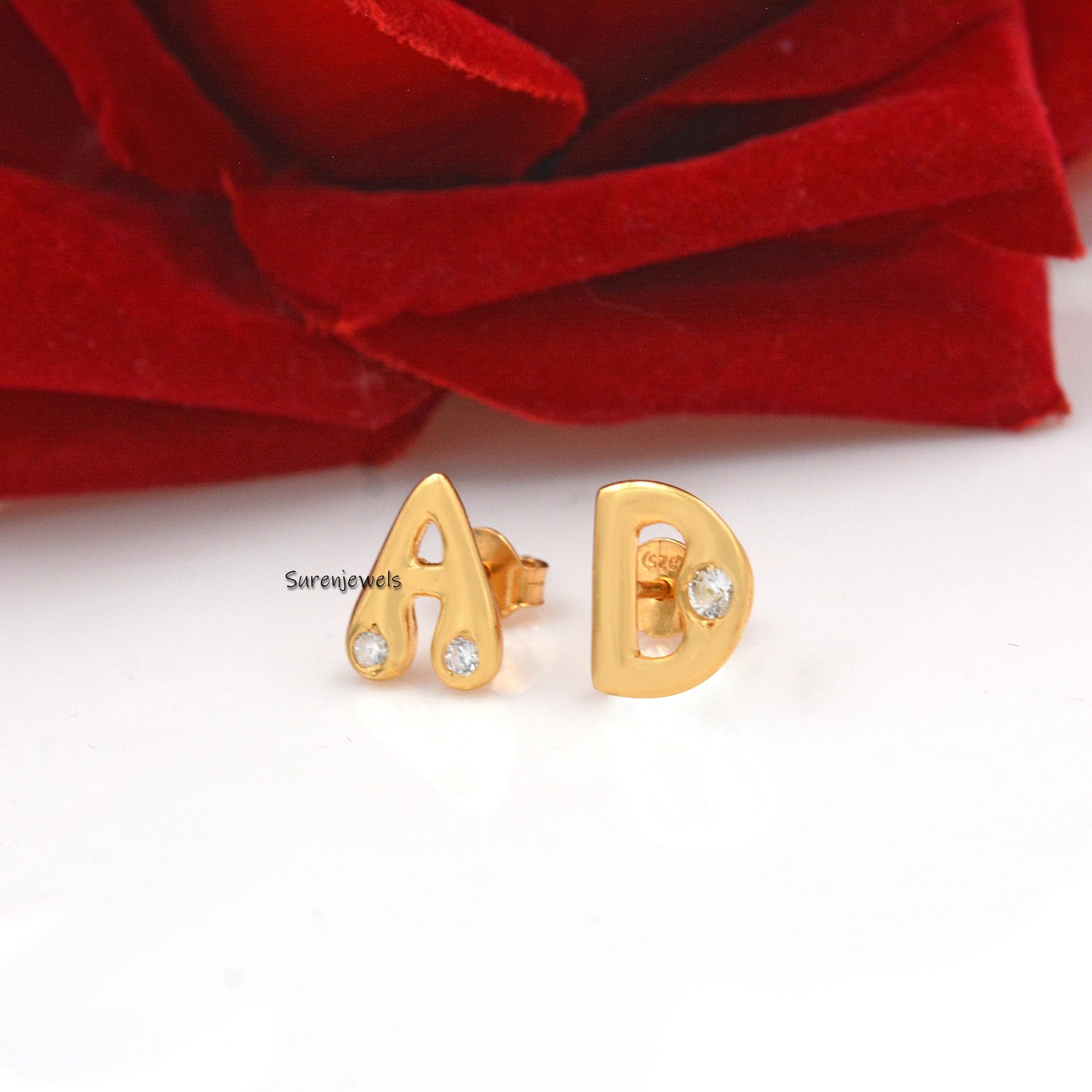 14k Gold Bubble Initial Stud Earrings with White Topaz - View 6 - Suren Jewels | SKU: SJE944-SLYGWT-C