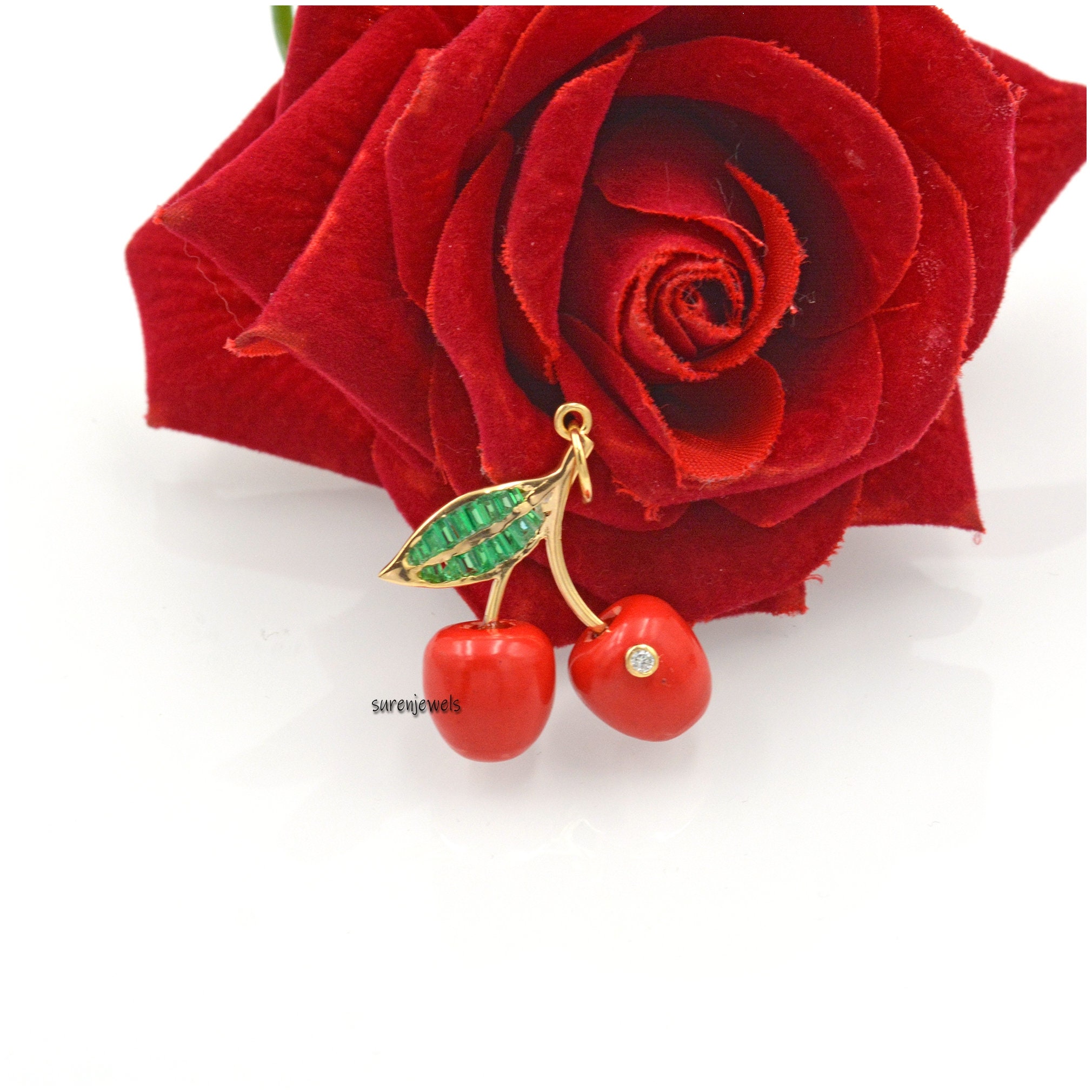 14K Gold Cherry Pendant: Coral Gemstone, Handmade Charm - View 4 - Suren Jewels | SKU: SJP1449-SLYGRCRCBTTCZMN