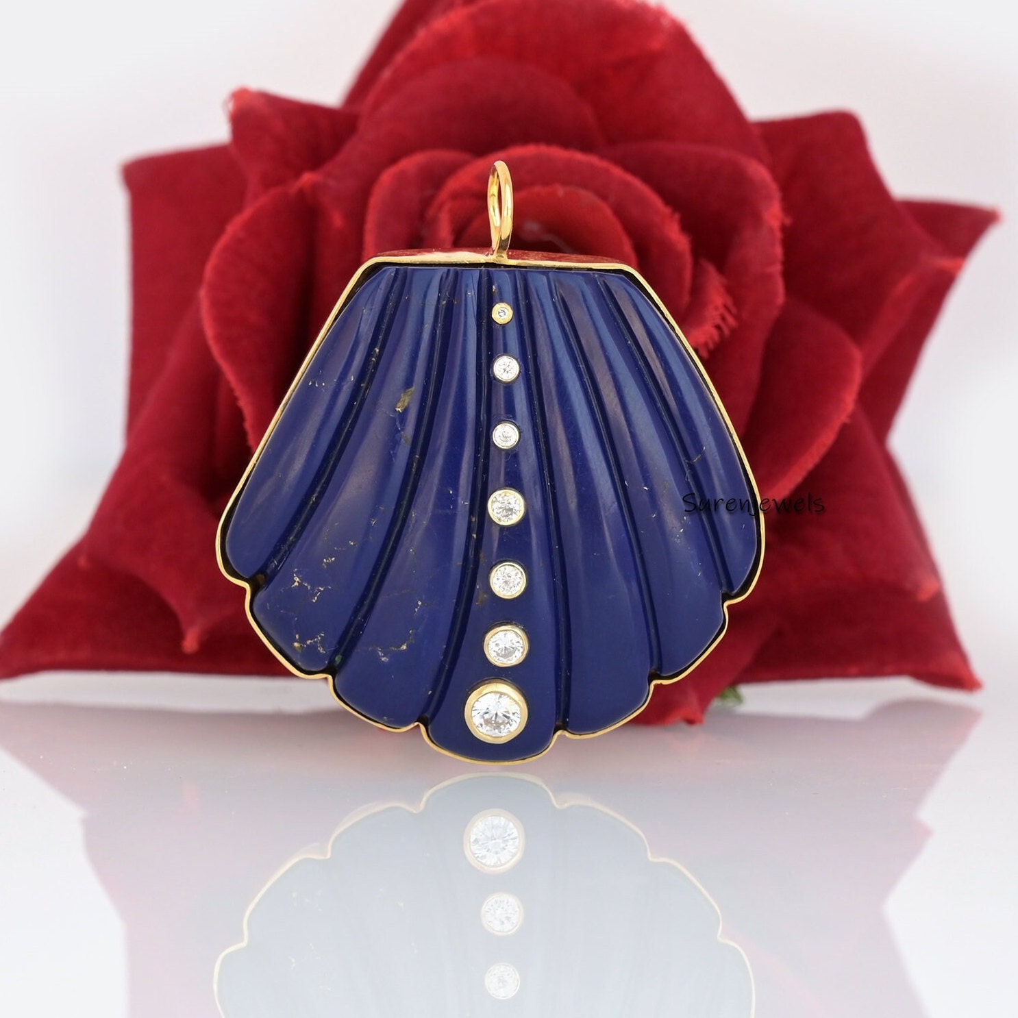 14K Gold Scallop Shell Pendant: Gemstone Beach Jewelry - View 4 - Suren Jewels | SKU: SJP2958-SLYGPOPCZ
