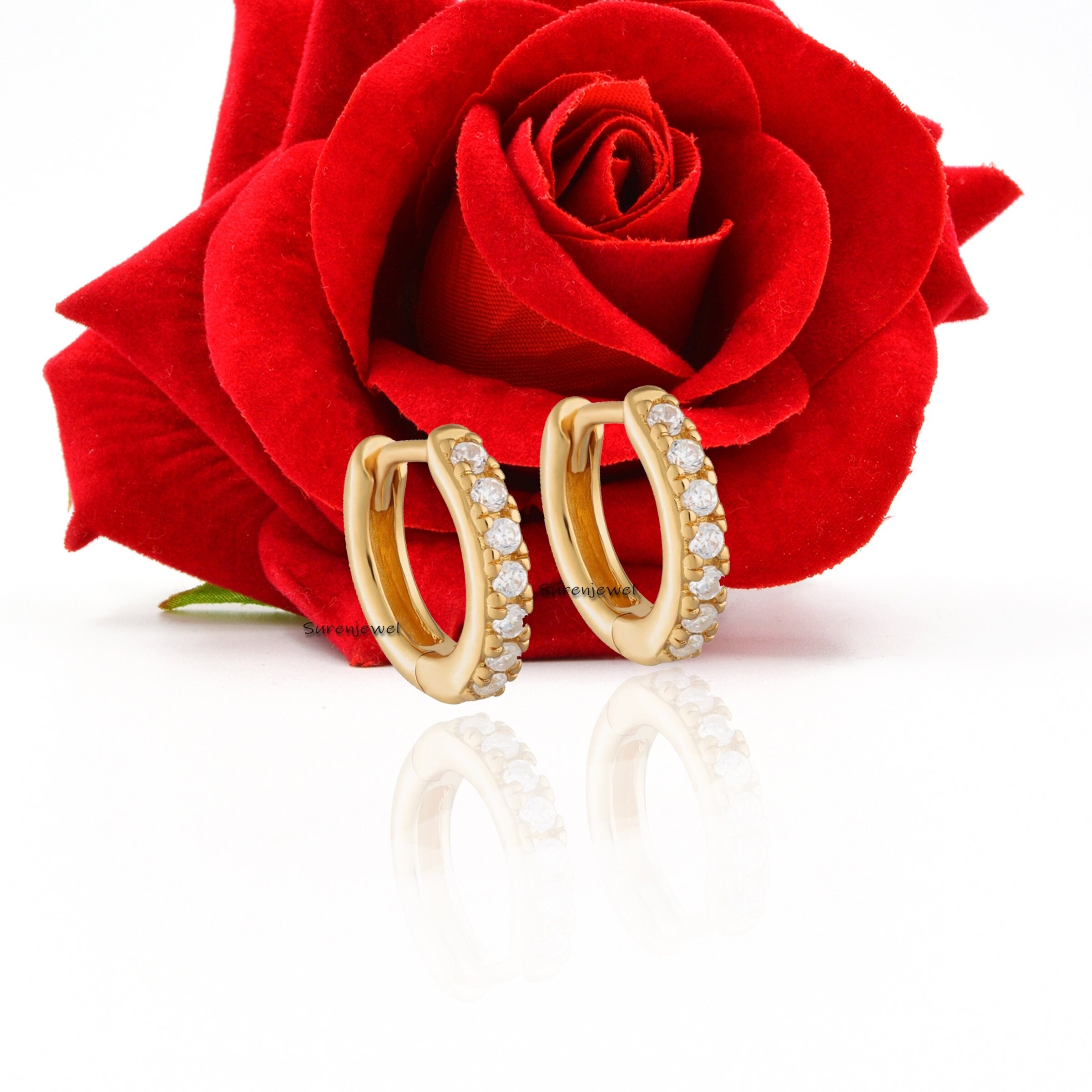 14k Solid Gold Turquoise Huggie Earrings: Handmade Hoop Pair - View 5 - Suren Jewels | SKU: SJE1005-SLYGYQ-10M