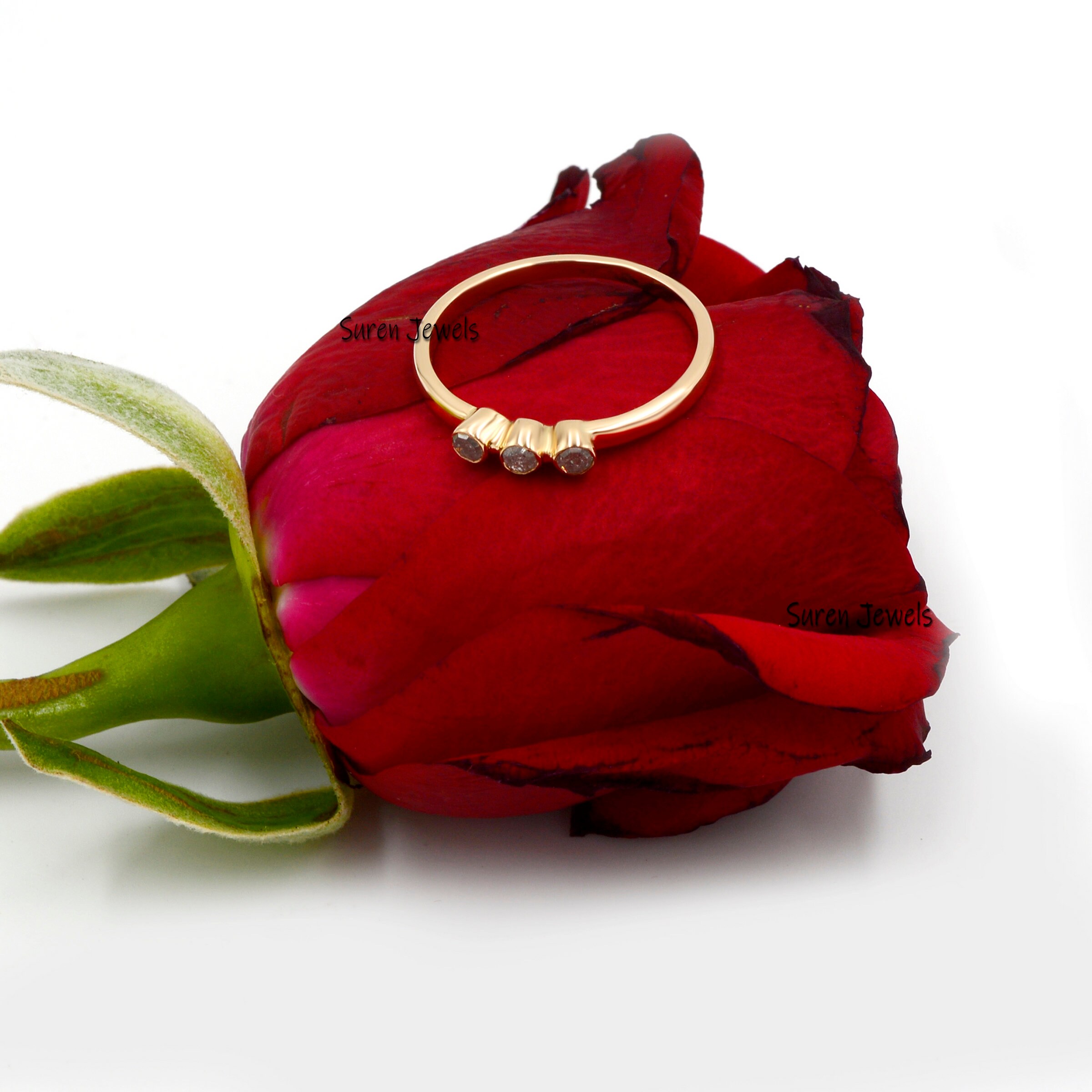 14K Solid Gold Diamond Ring: Bezel Set Three Stone Ring - View 3 - Suren Jewels | SKU: SJR700-14KRGDI