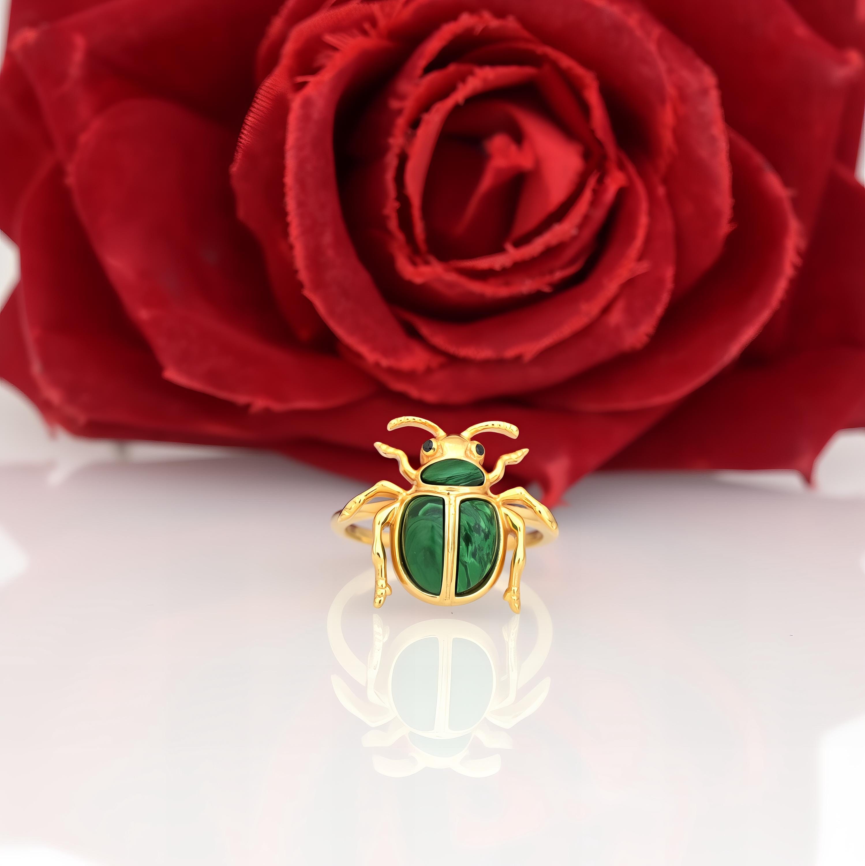 14k Gold Malachite Scarab Ring: Hand Carved Amulet - View 2 - Suren Jewels | SKU: SJR2803-SLYGMKBKCZ-US-7,SJR2809-SLNSLBBKCZ-