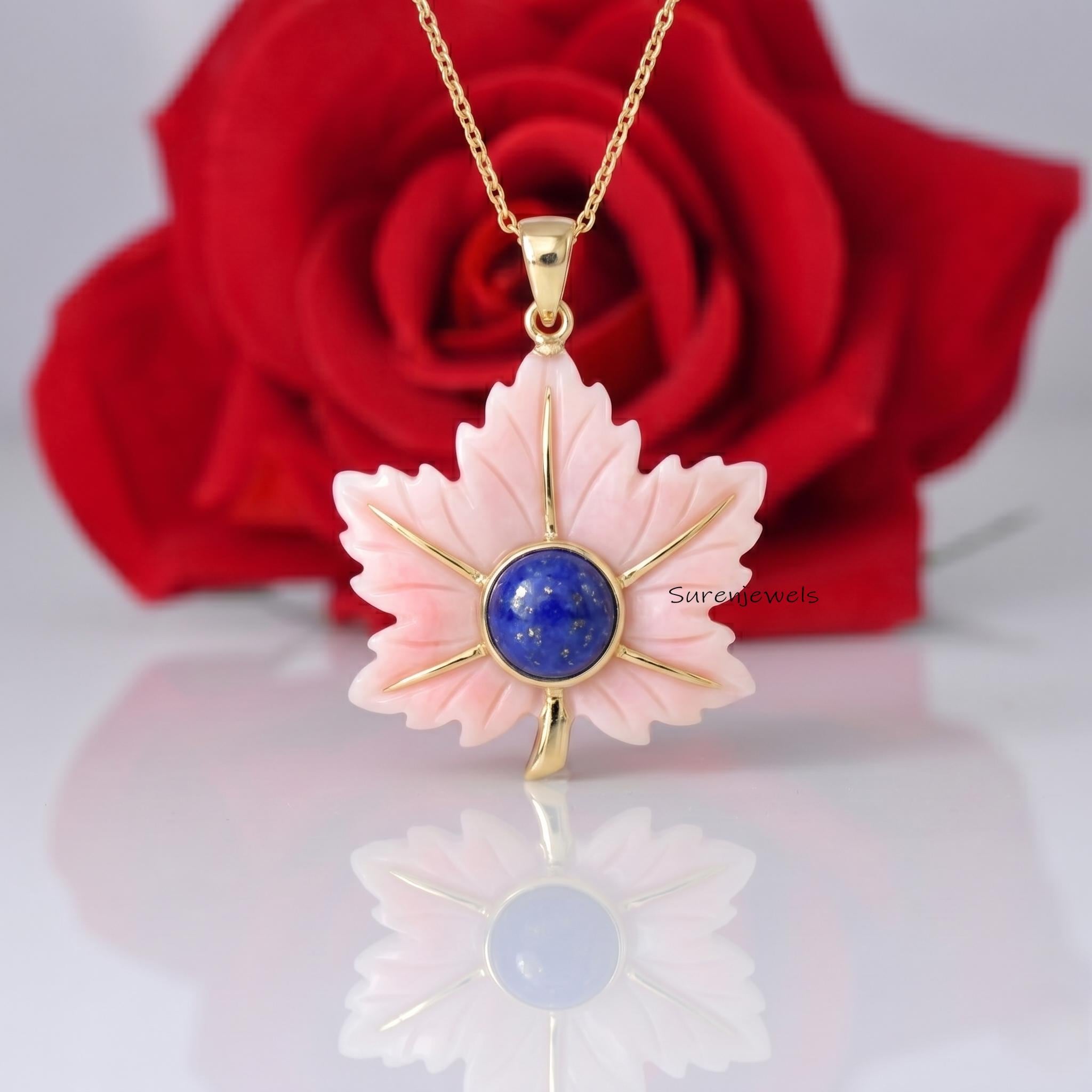 Pink Opal Maple Leaf Pendant, Designer Maple Leaf Pendant, handmade Carved Maple Leaf Pendant, Gemstone Leaf Pendant - Suren