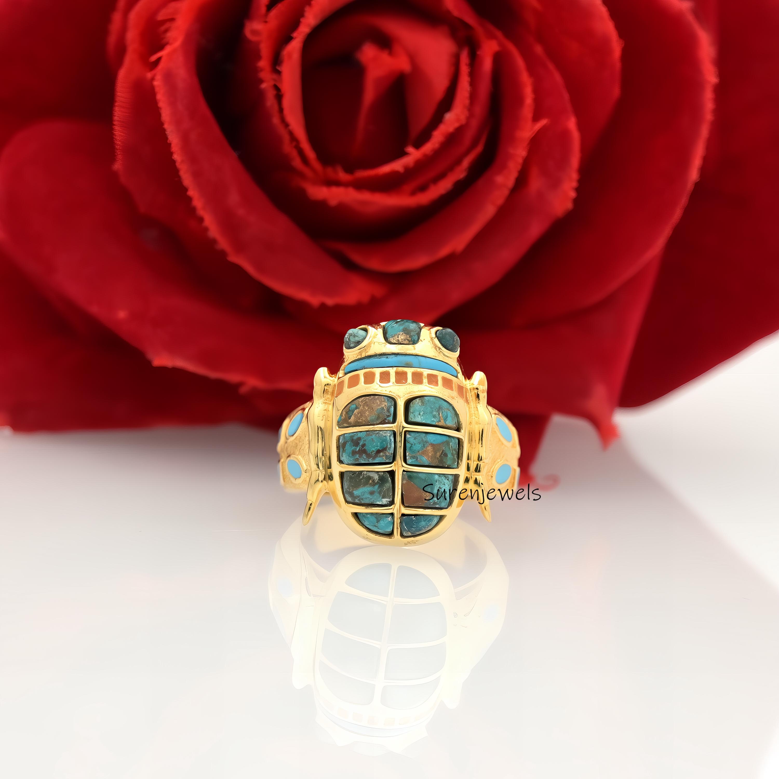14K Gold Gemstone Scarab Ring: Hand Carved Amulet - Suren Jewels | SKU: SJR2797-SLYGTQBCZ-US-6,SJR2796-SLYGTQ-US-8,SJR2798-SL