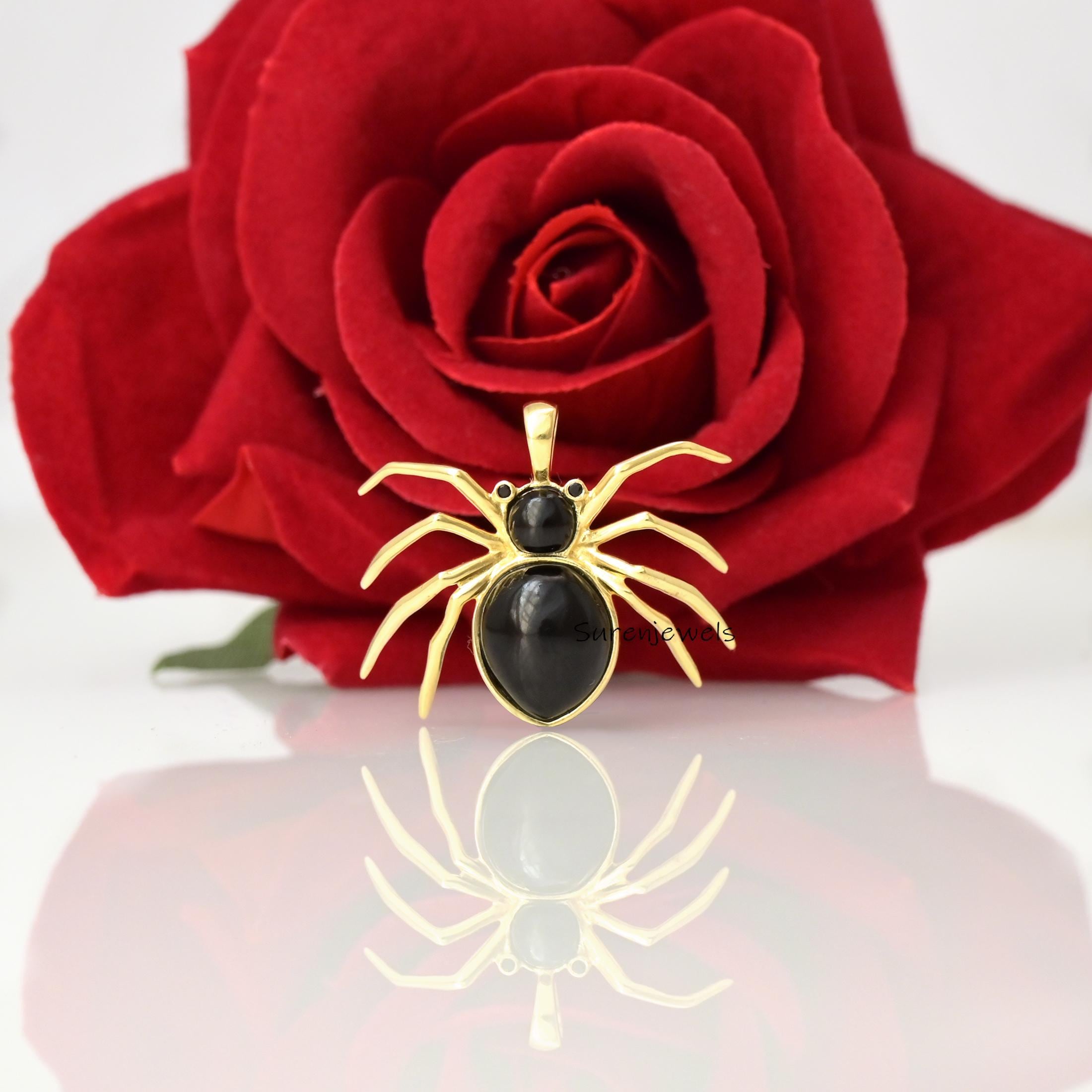 14k Gold Gemstone Spider Pendant: Halloween Jewelry - View 2 - Suren Jewels | SKU: SJP4970-SLNSMKCZ-25M,SJP4538-SLYGTEBKCZ-25