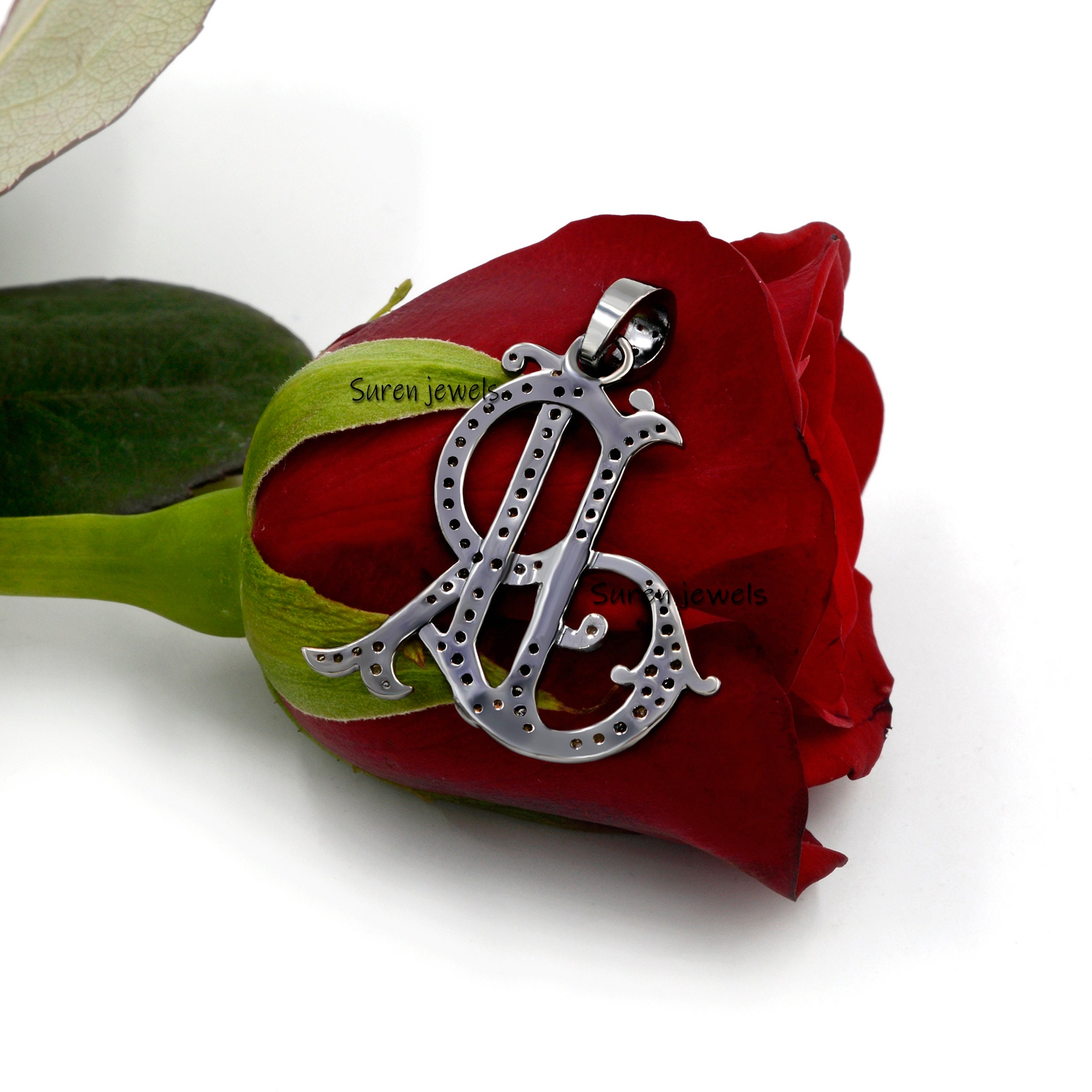925 Silver Diamond Monogram Pendant: Custom Initial Jewelry - View 3 - Suren Jewels | SKU: SJP540-SLRHDI-JR