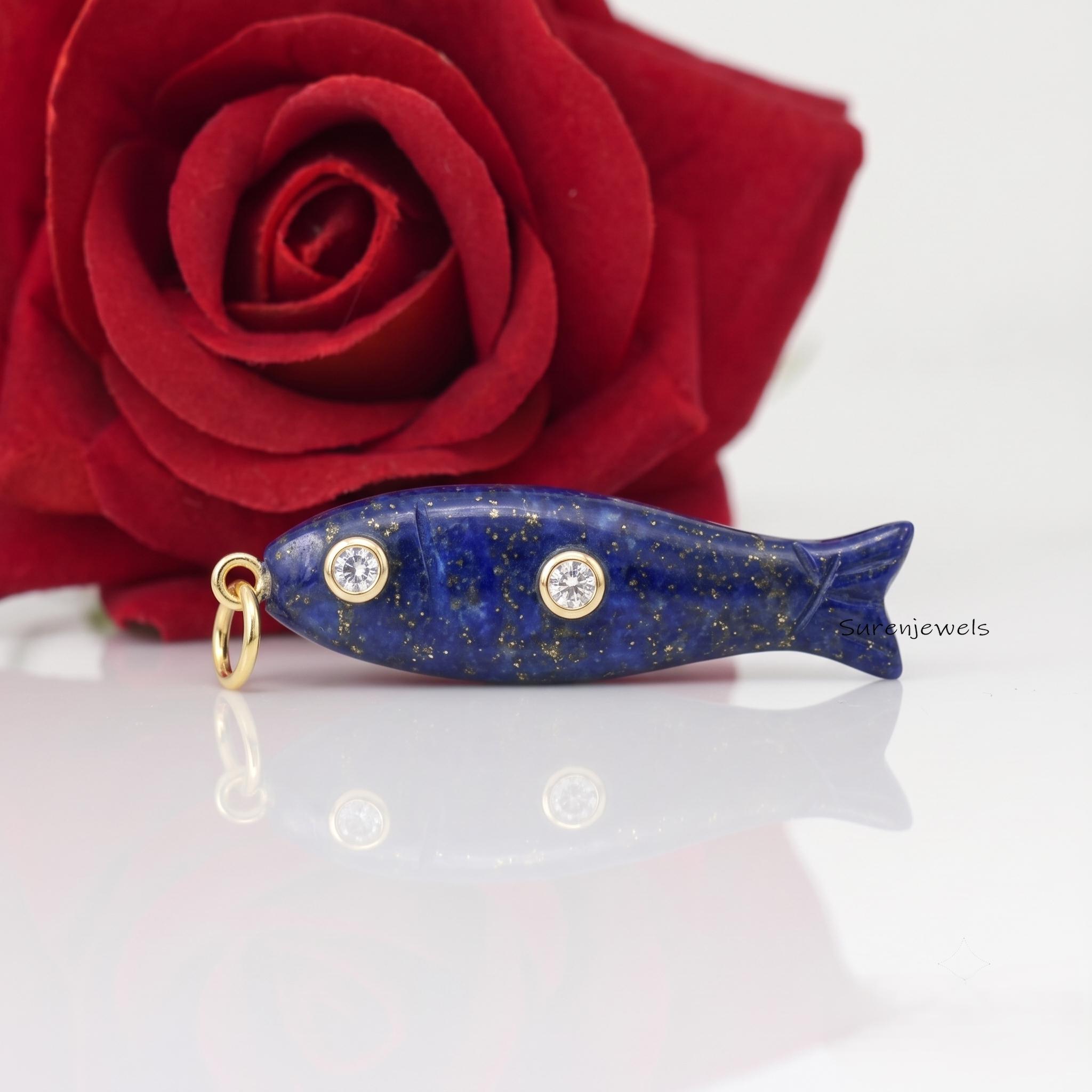 14K Gold Carved Fish Pendant, Hand Carved Gemstone Jewelry, Handmade Fish Charm, Animal Fish Jewelry, Lucky Gem Fish Pendant,