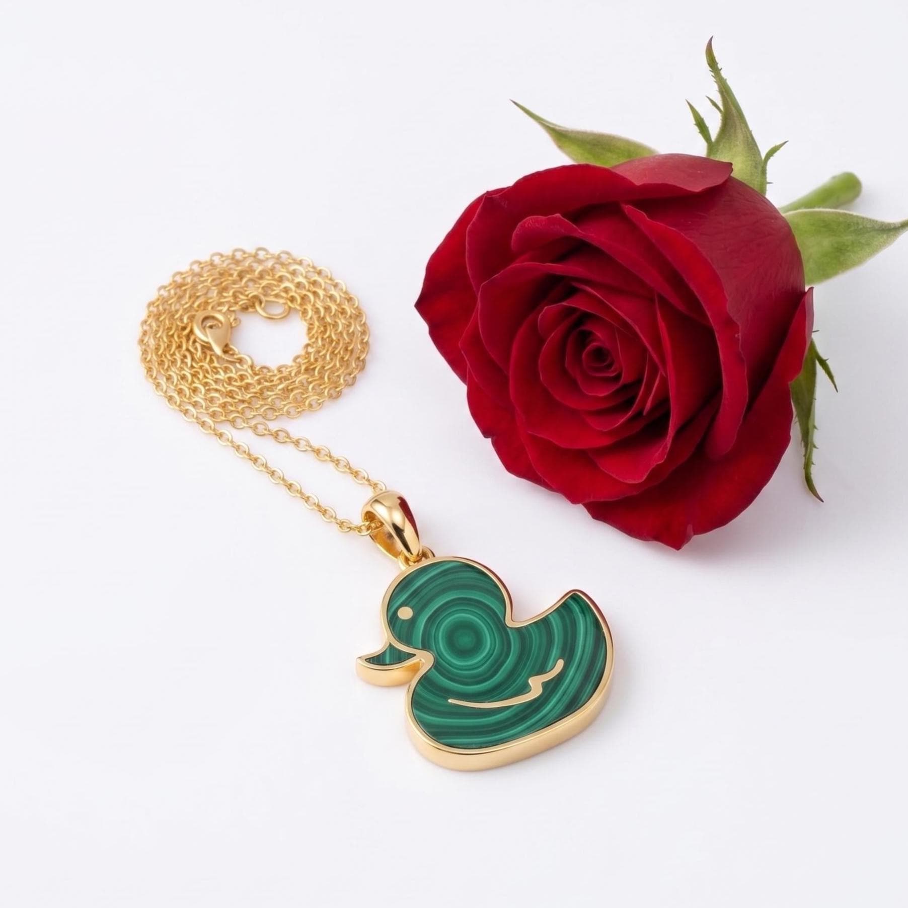 Malachite Rubber Duck Necklace, Gold Plated Duck Pendant, Unique Green Gemstone Jewelry, Whimsical Animal Necklace, Cute Duck