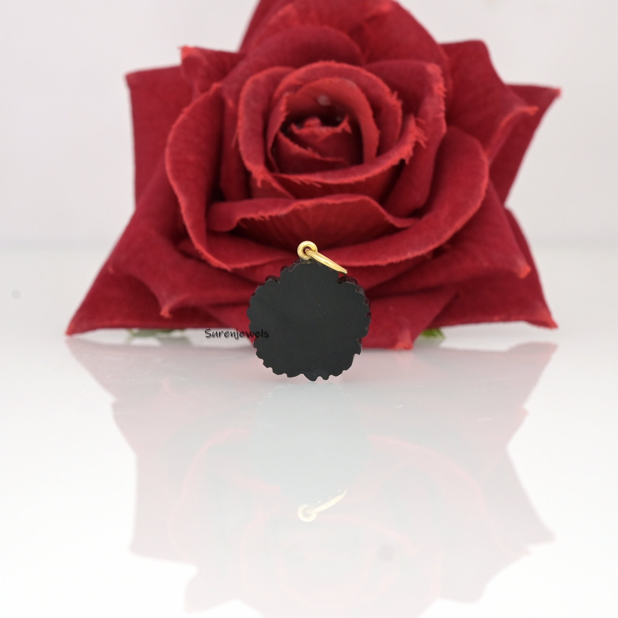 14K Gold Carved Gemstone Flower Pendant with Ruby CZ - View 4 - Suren Jewels | SKU: SJP1921-SLYGTQCZRU