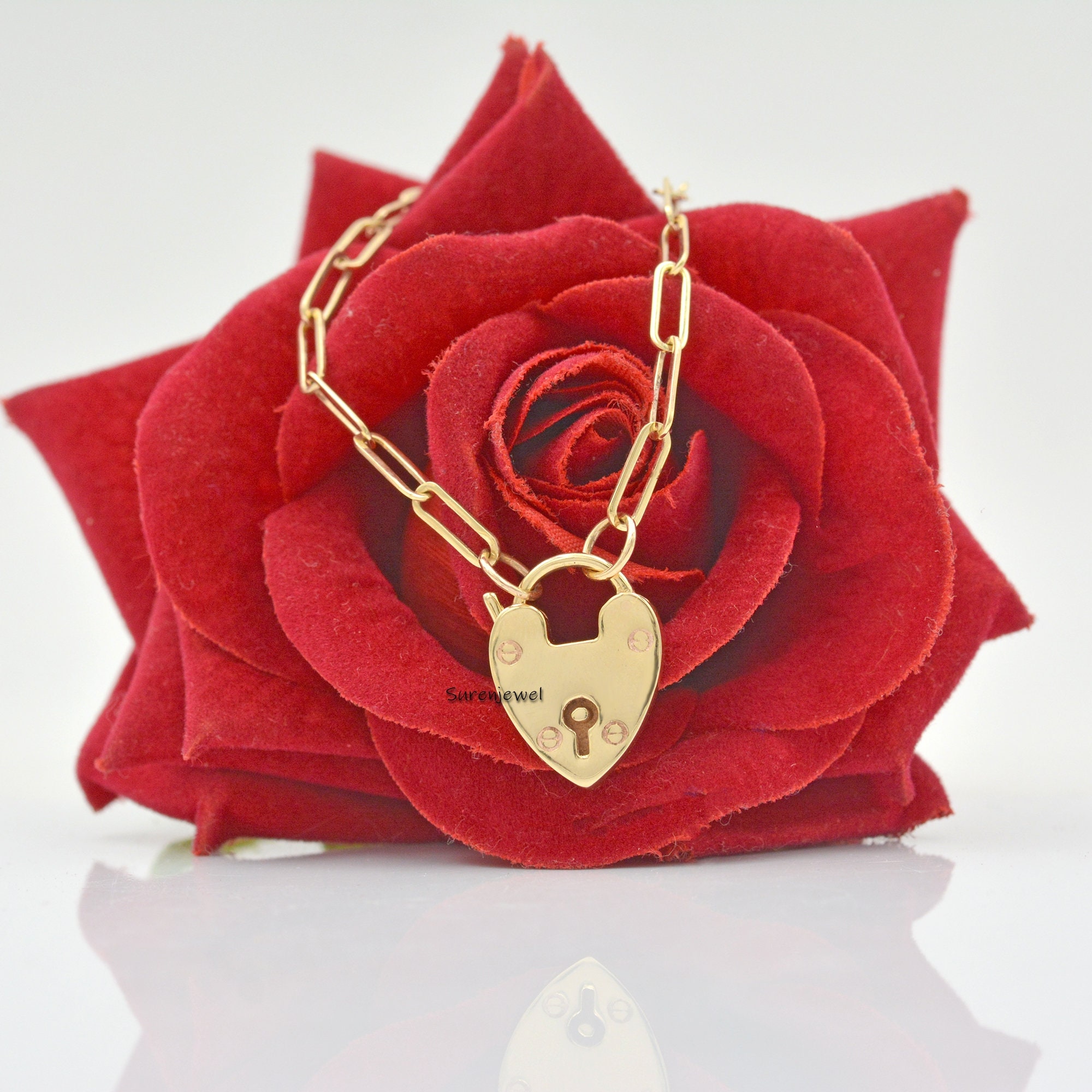 Handmade 14k Gold Heart Padlock: Paperclip Necklace Jewelry - View 2 - Suren Jewels | SKU: SJP48-14KYG-N47-18I