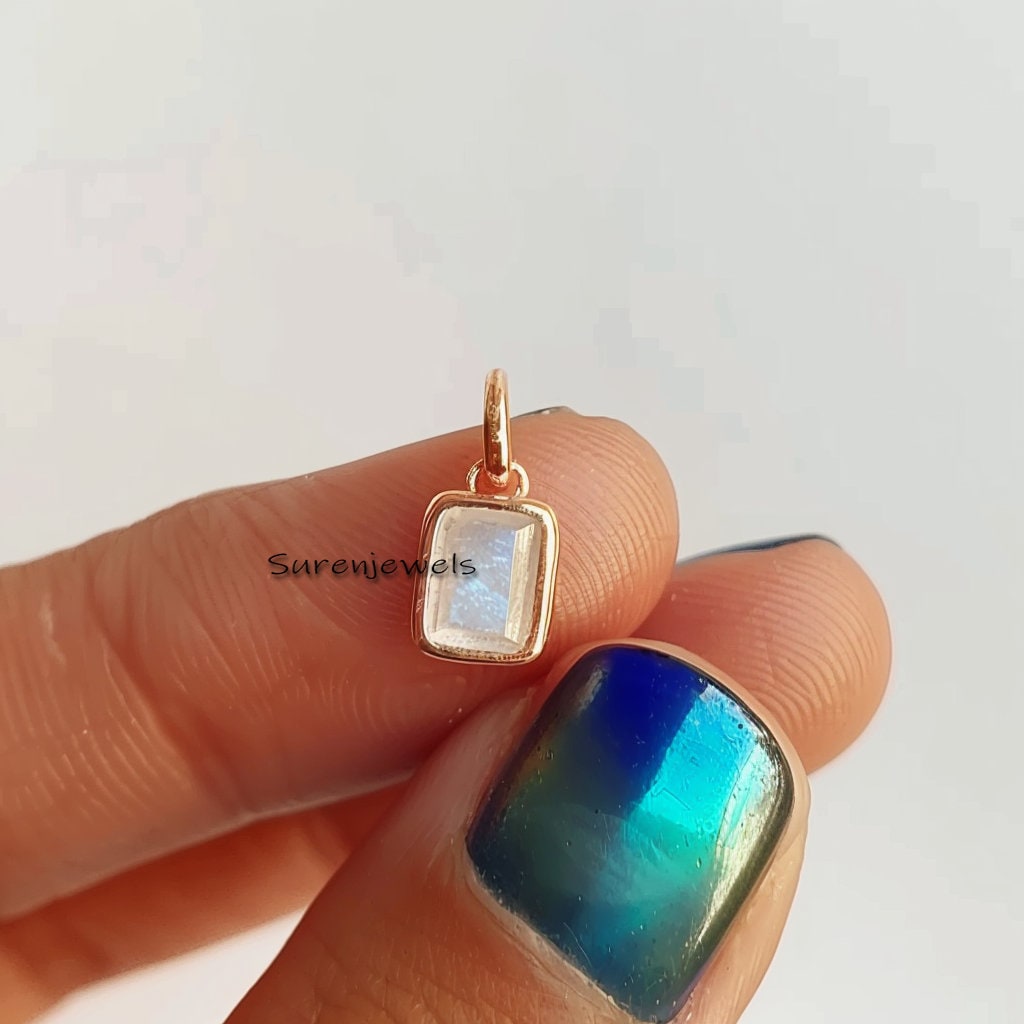 14K Gold Bezel Moonstone Pendant: Emerald Cut Charm - Suren Jewels | SKU: SJP3480-SLYGMK-12M