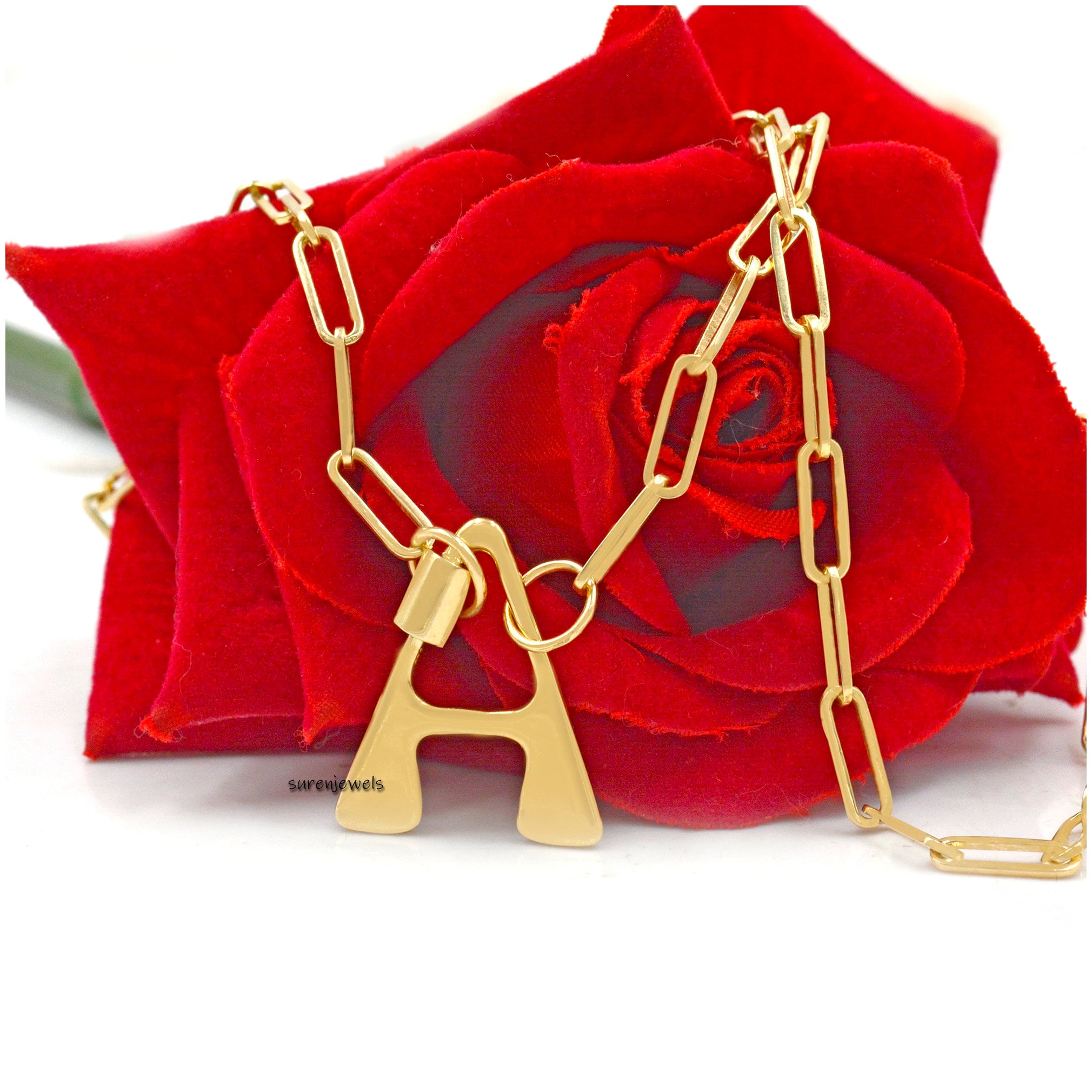 925 Silver Initial Lock Necklace: Personalized Letter Carabiner - Suren Jewels | SKU: SJC88-SLYG-F-N47-18I-925