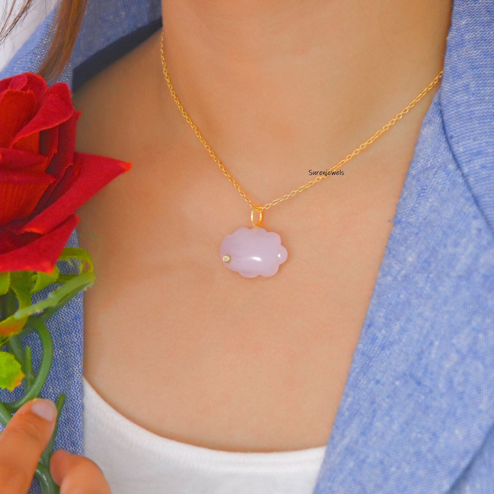 14K Gold Cloud Pendant: Turquoise, White Topaz Gemstone Charm - View 4 - Suren Jewels | SKU: SJP1150-SLYGSLNWT-22M