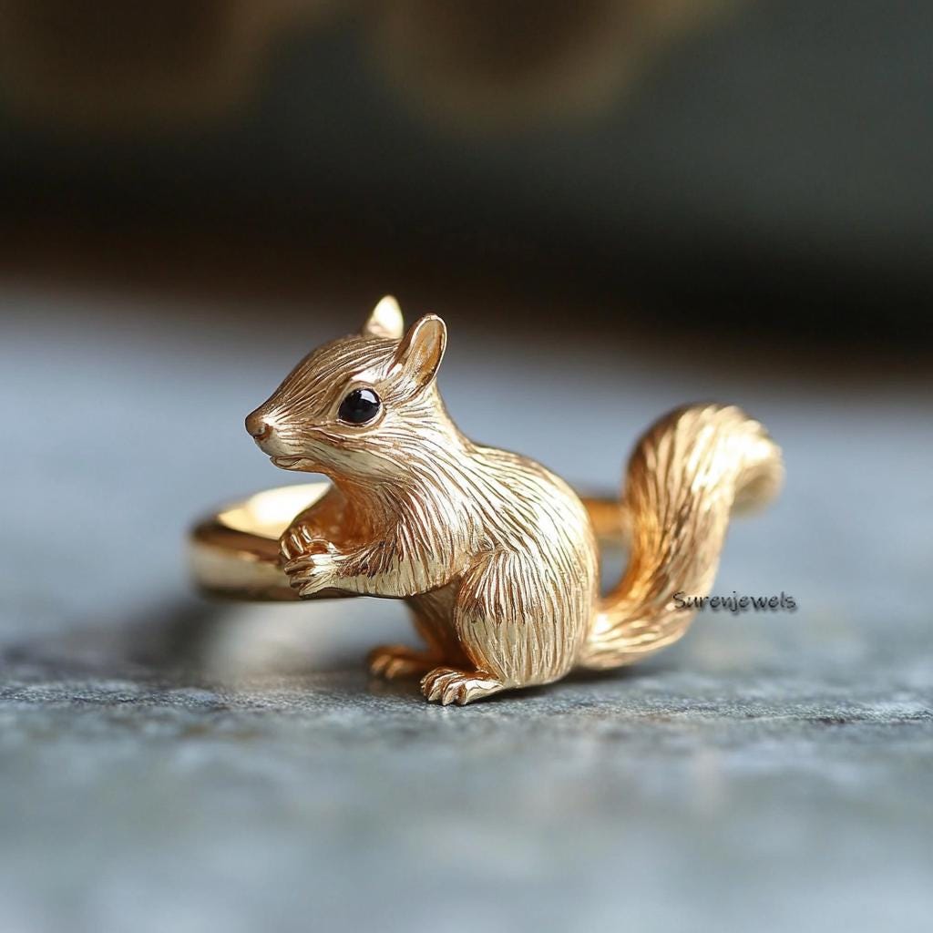 14k Gold Squirrel Ring: Handmade Animal Jewelry - View 2 - Suren Jewels | SKU: SJR2899-SLNSBKCZ-US-7,SJR2918-SLRGBKCZ-US-6