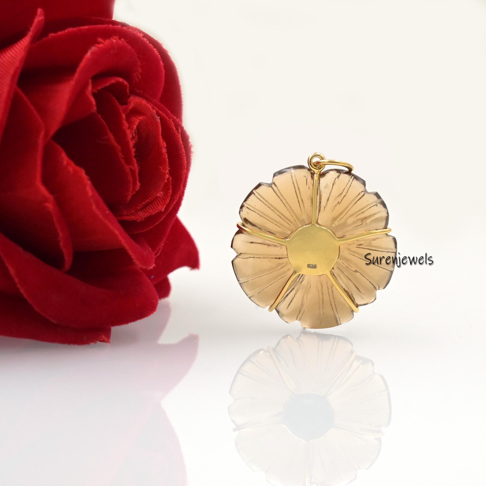 14K Gold Hand Carved Gemstone Flower Pendant, Designer Jewelry - View 2 - Suren Jewels | SKU: SJP3045