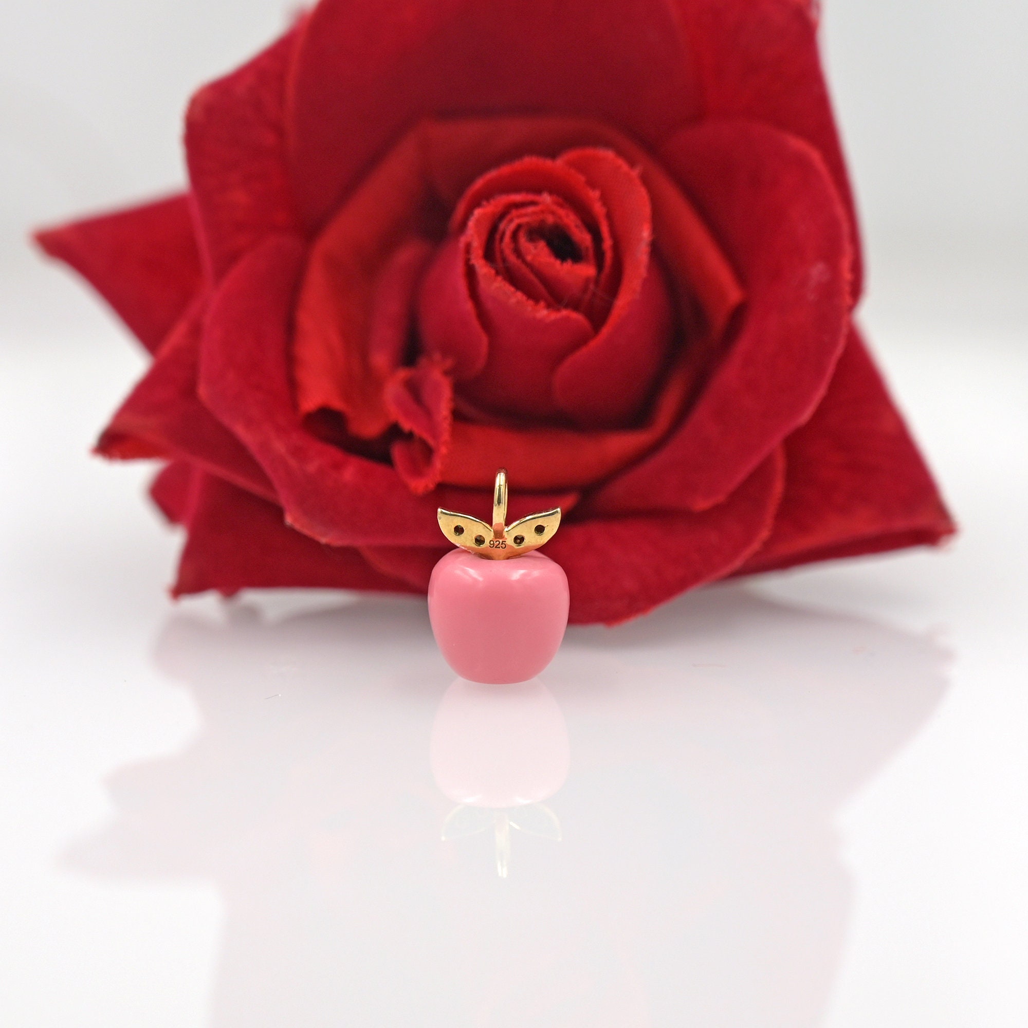 Handmade 14K Gold Apple Pendant with Green Cz Leaves - View 7 - Suren Jewels | SKU: SJP1658