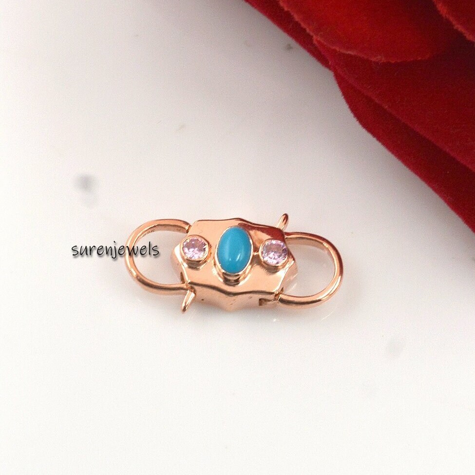 Turquoise & Pink Quartz Padlock: 14k Gold Vermeil Connector - View 3 - Suren Jewels | SKU: SJP68-SLYGTQPQ-N22-18I-925