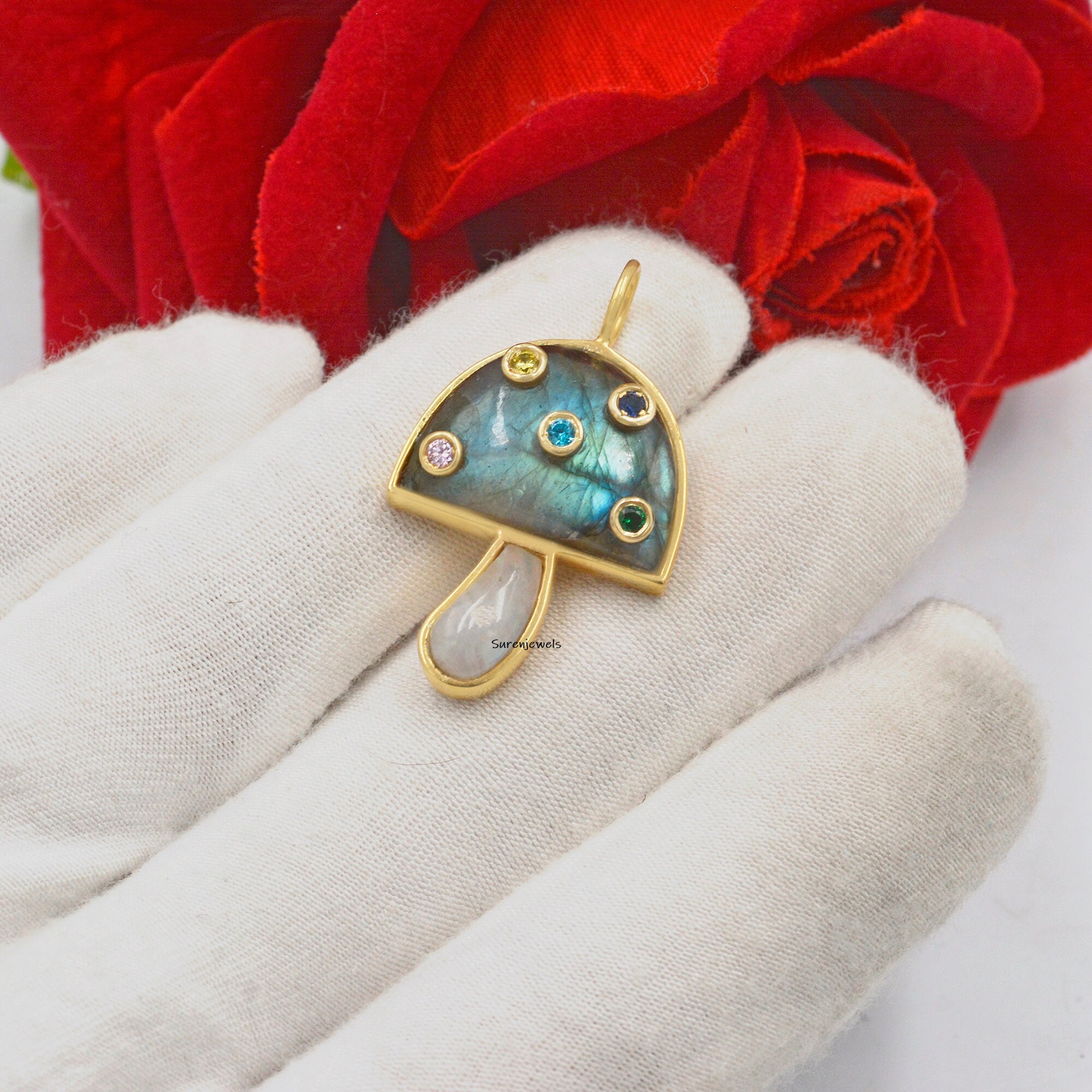 14k Solid Gold Mushroom Pendant: Gemstone Inlay, Unique Design - View 6 - Suren Jewels | SKU: SJP980