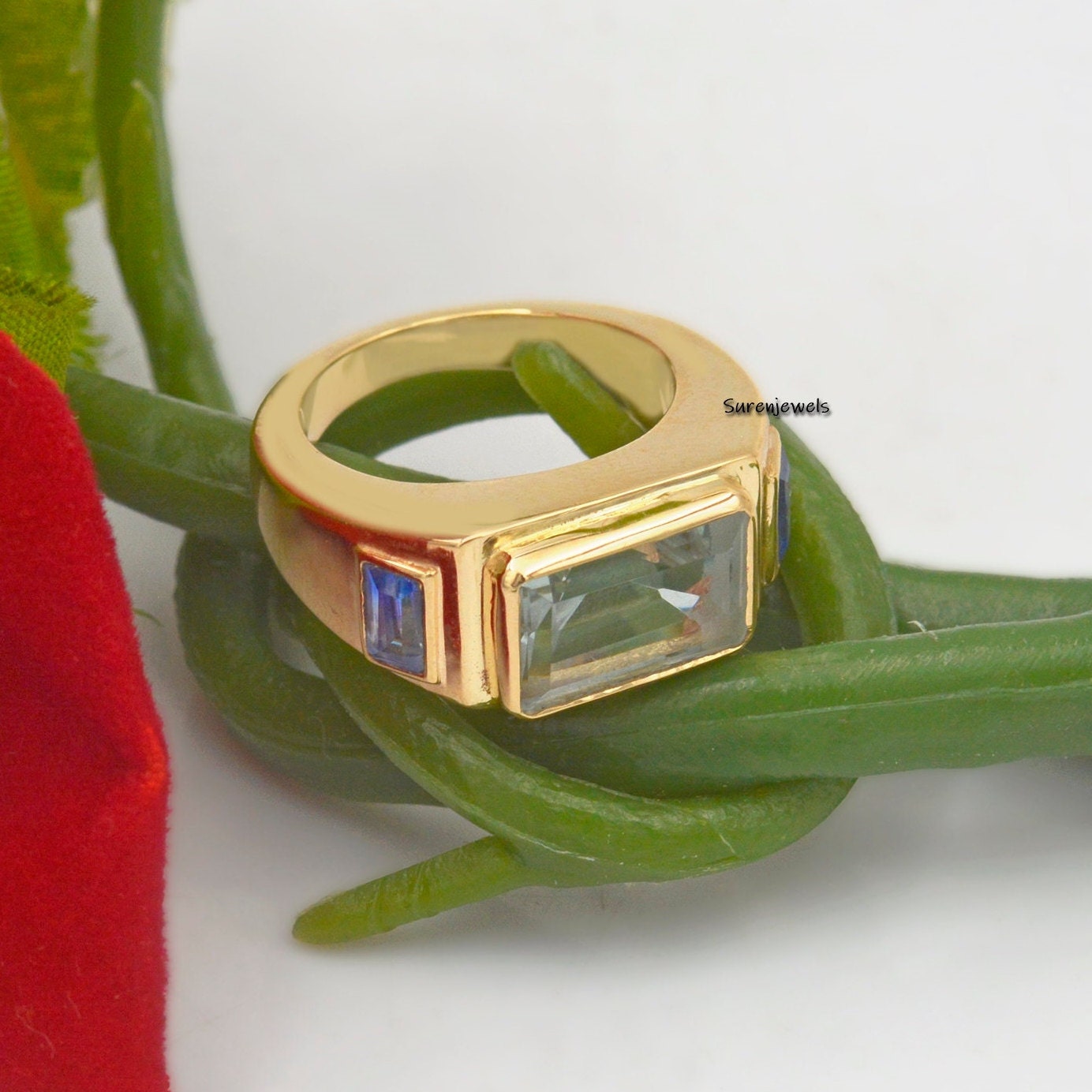 14k Gold Signet Ring: Aqua Quartz & Blue Sapphire Gemstone - View 5 - Suren Jewels | SKU: SJR899 -14KYBSPAQ-US-4
