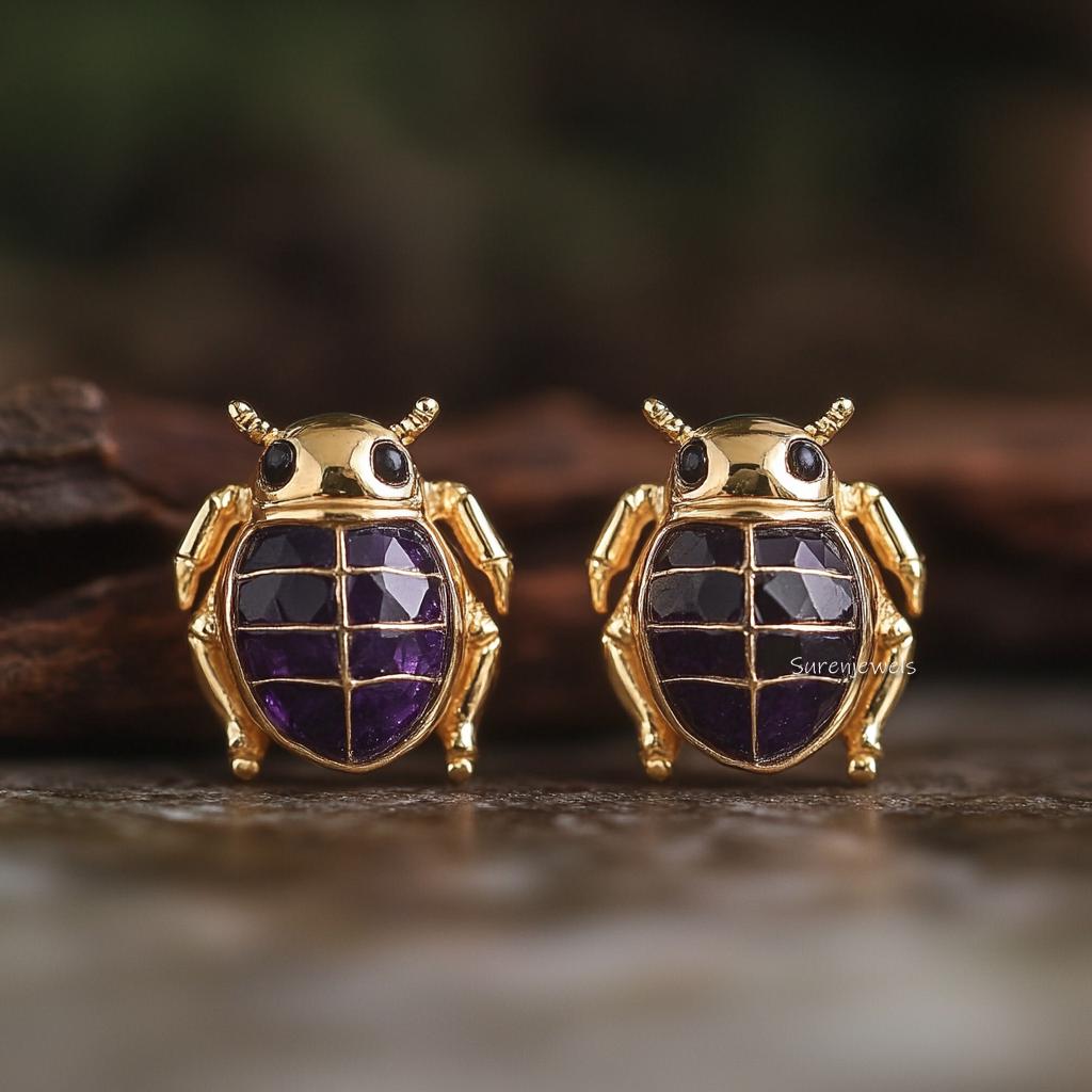 14K Gold Gemstone Scarab Studs: Hand Carved Egyptian Beetle Earrings - View 2 - Suren Jewels | SKU: SJE1875-SLYGGT-10M,SJE187