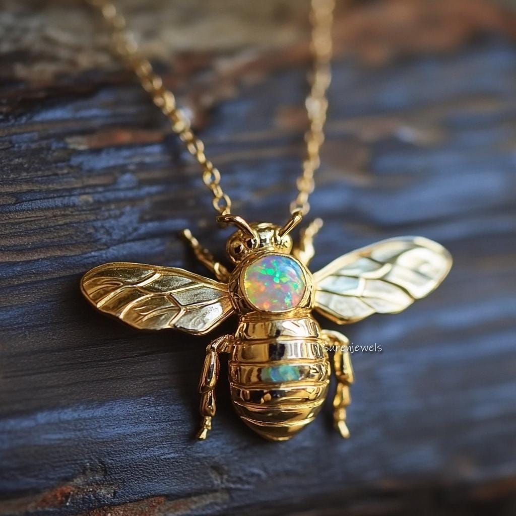 14k Gold Gemstone Bee Pendant: Dainty Opal Honey Bee Charm - View 4 - Suren Jewels | SKU: SJP4476-SLYGMK-30M,SJP4442-SLRGEOOP