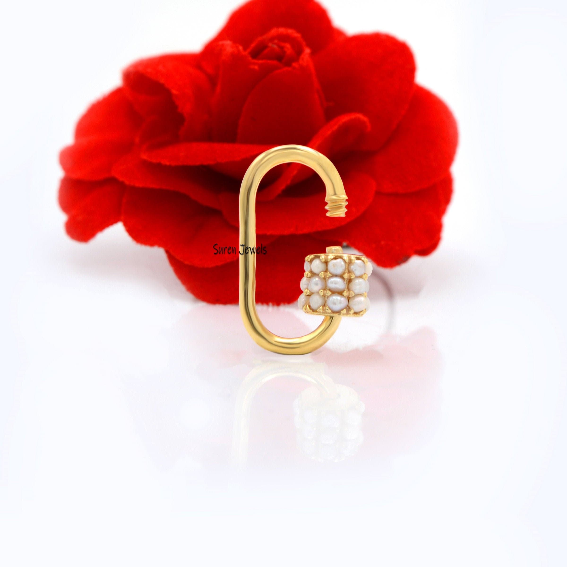 14k Gold Pearl Carabiner Lock: Gemstone Pendant Jewelry (18*9 MM) - Suren Jewels | SKU: SJC09-14KYGPL