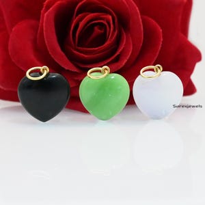 14K Gold Gemstone Heart Charm: Carved Coral, Malachite, Opal Pendant