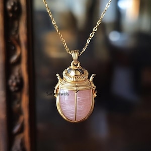 14K Gold Gemstone Small Scarab Pendant, Egyptian Beetle Jewelry, Hand Carving Scarab Charm, Carved Scarab Pendant, Scarab Amulet Pendant