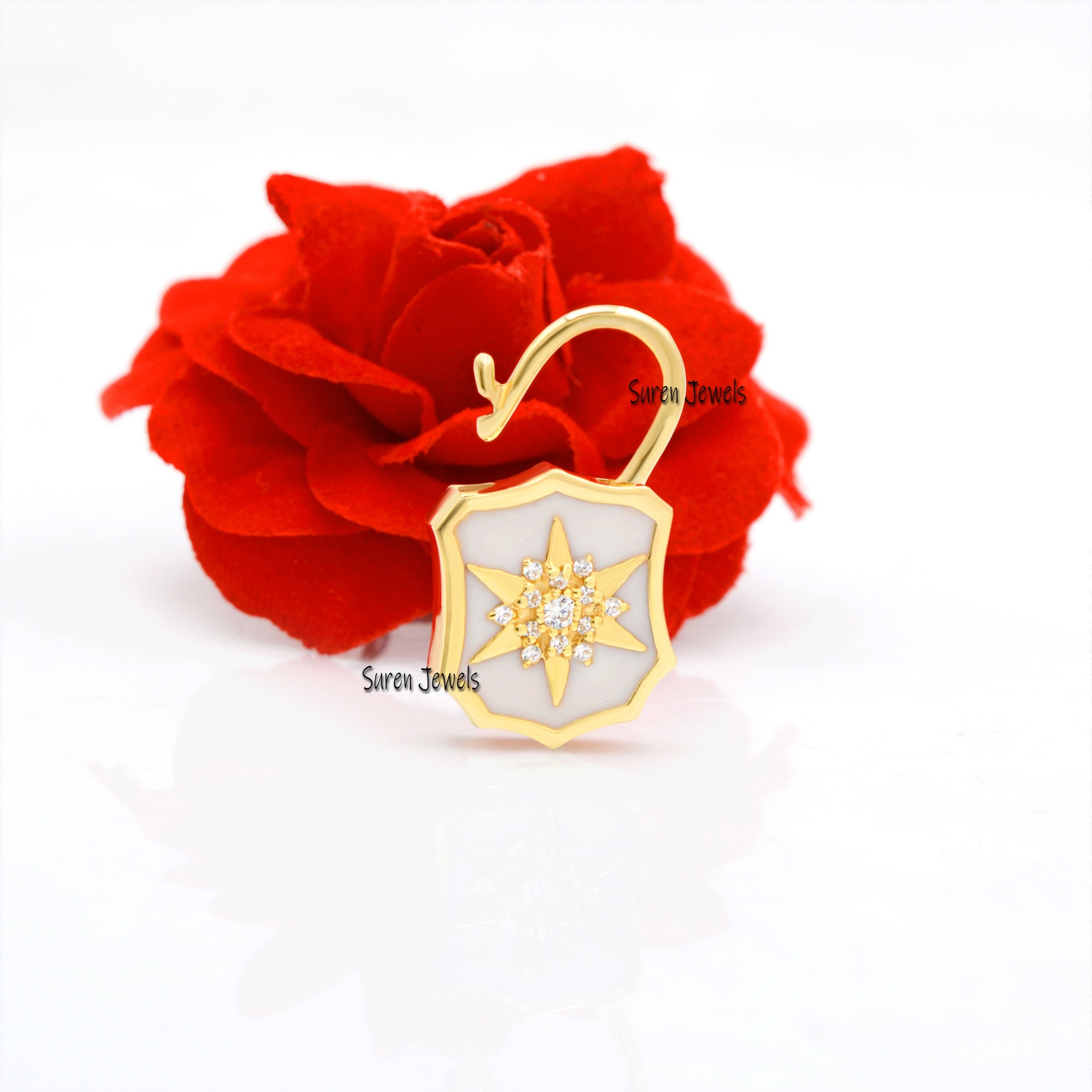Enamel Starburst 925 Silver Padlock Pendant: Cubic Zircon Gemstone - View 7 - Suren Jewels | SKU: SJP499-SLRGELBCZ-N47-18