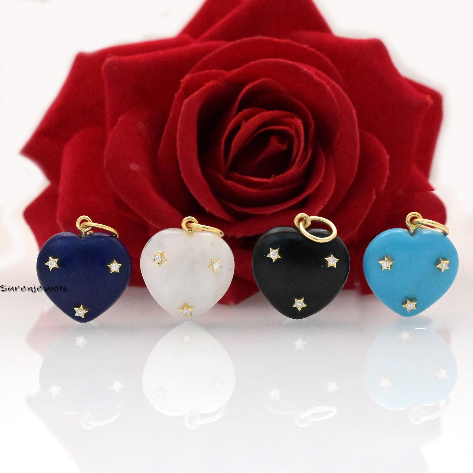 14K Gold Tiny Star Heart Pendant: Turquoise & Moissanite Charm - View 2 - Suren Jewels | SKU: SJP1450-SLYGCRMN