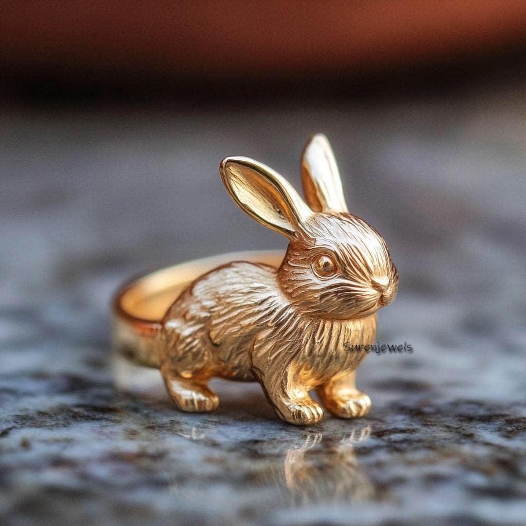 14K Solid Gold Rabbit Ring: Handmade Lucky Bunny Jewelry - View 2 - Suren Jewels | SKU: SJR2881-SLYGBKCZ-US-7,SJR2882-SLRH-US