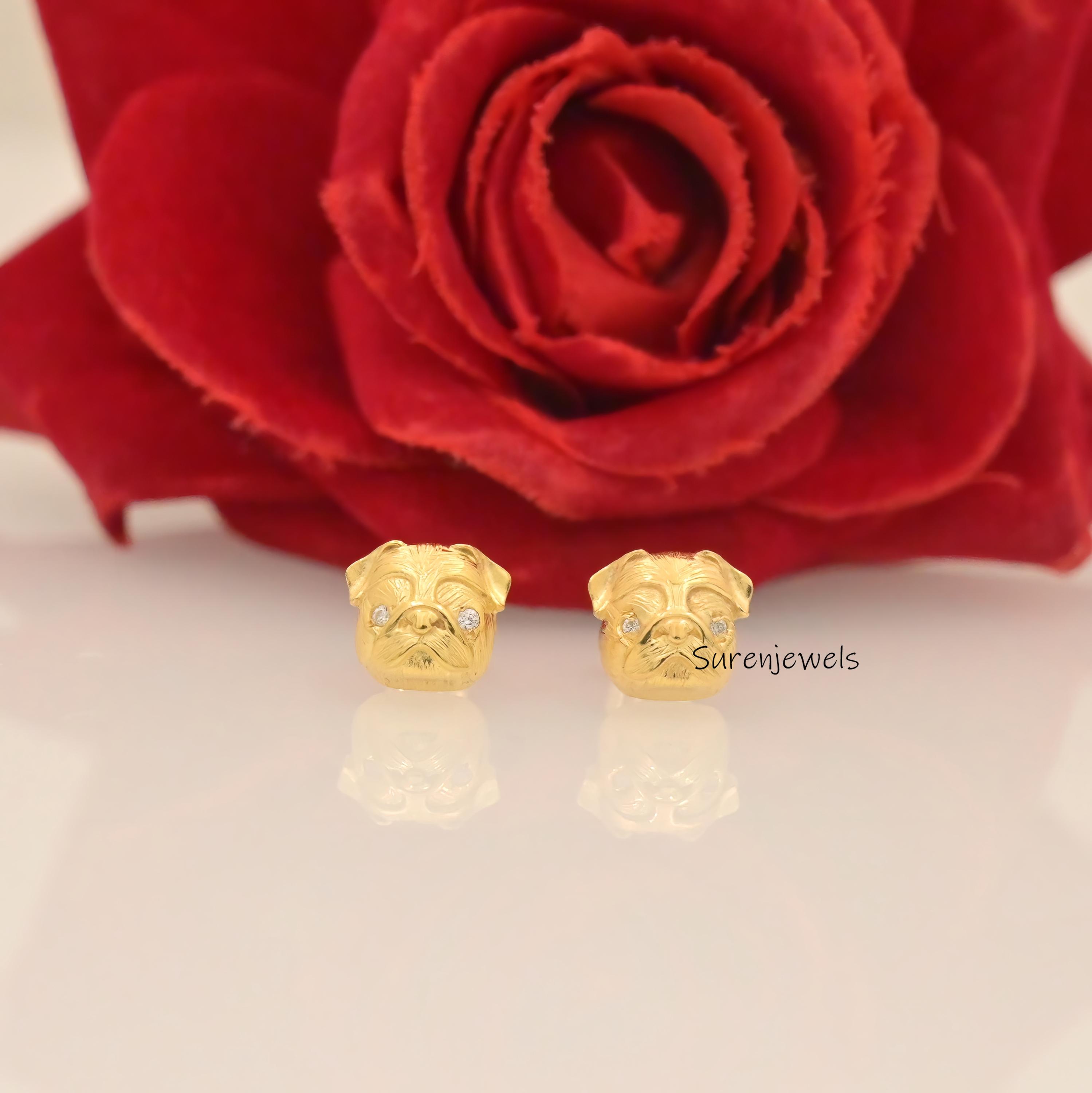 14K Gold Pug Face Stud Earrings: Animal Jewelry - View 2 - Suren Jewels | SKU: SJE2036-SLYGCZELBK-10M,SJE1790-SLYGBKCZ-10M,SJ