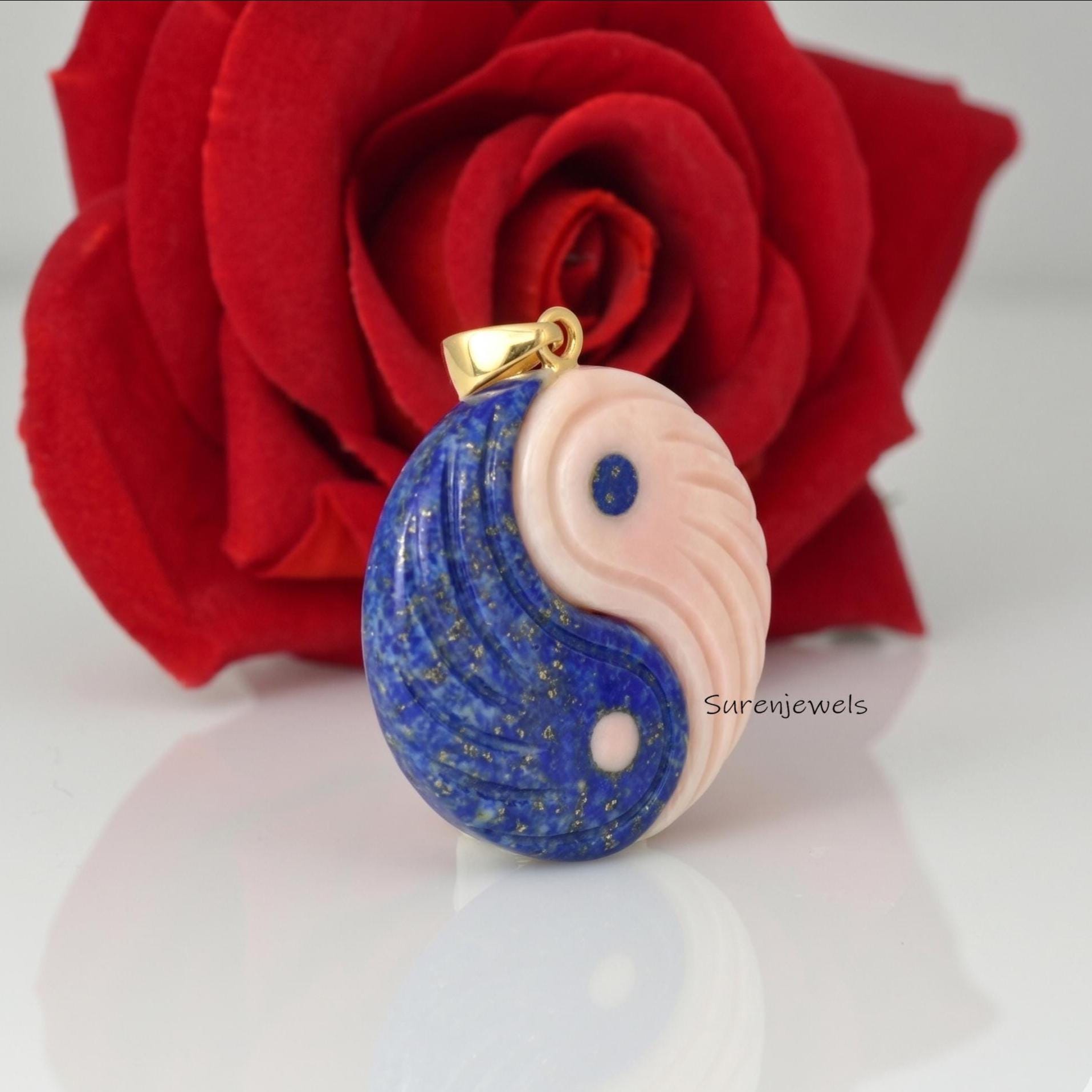 925 Silver Yin Yang Pendant, Natural Lapis Lazuli & Pink Opal Yin Yang Pendant, Handmade Gemstone Spiritual Balance Jewelry -