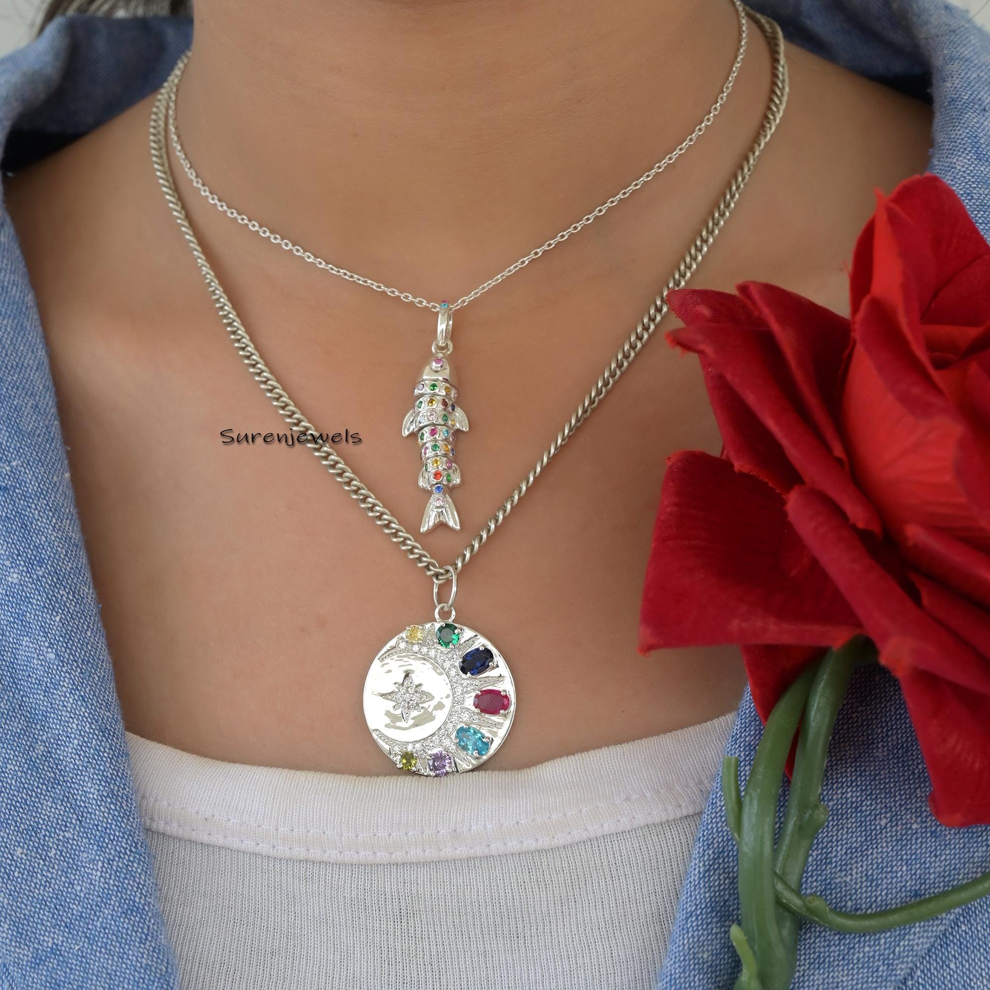 14k Solid Gold Moon Starburst Medallion Charm: Rainbow Sapphire Diamond Pendant - View 5 - Suren Jewels | SKU: SJP3103