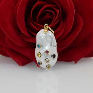 14K Gold Baroque Pearl Pendant: Multi Gemstone Charm, Freshwater Pearl