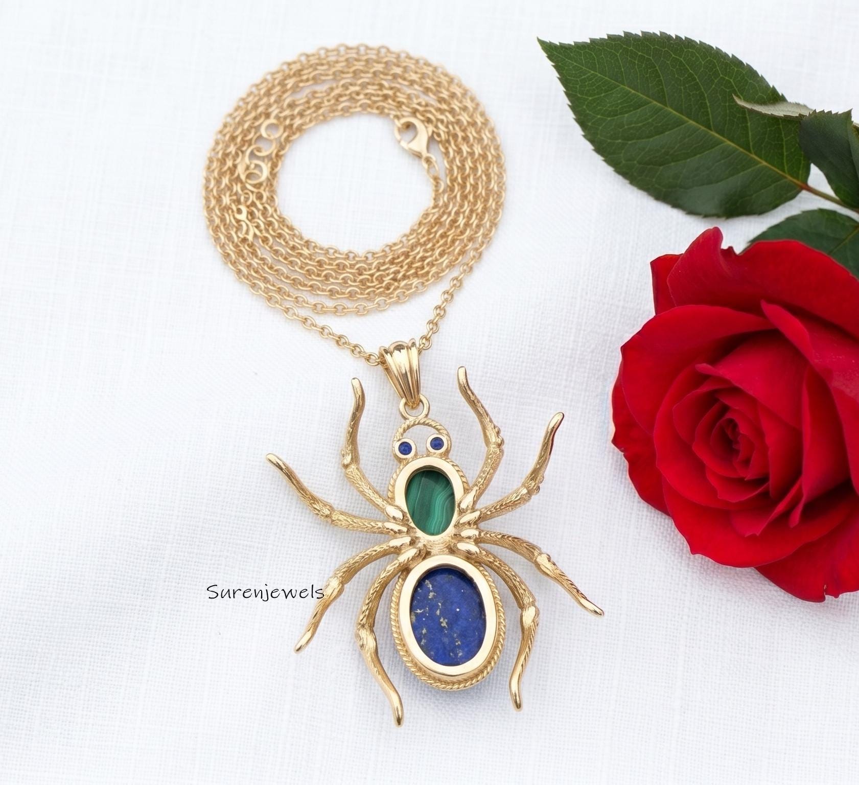14k Gold Gemstone Spider Pendant, Halloween Spider Pendant, Gold Designer Spider Pendant, Gold Spider Jewelry, Gold Gemstone