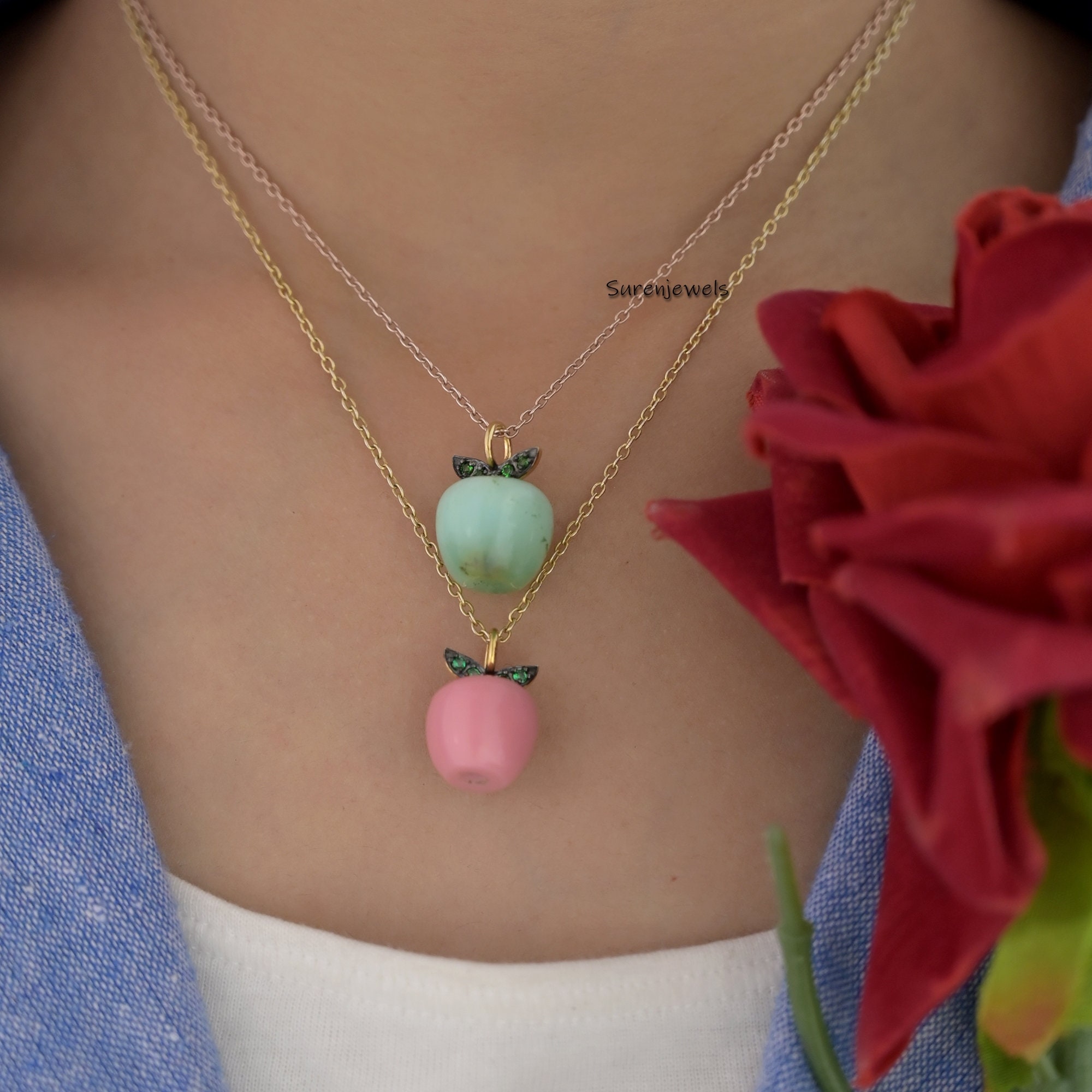 Handmade 14K Gold Apple Pendant with Green Cz Leaves - View 5 - Suren Jewels | SKU: SJP1658